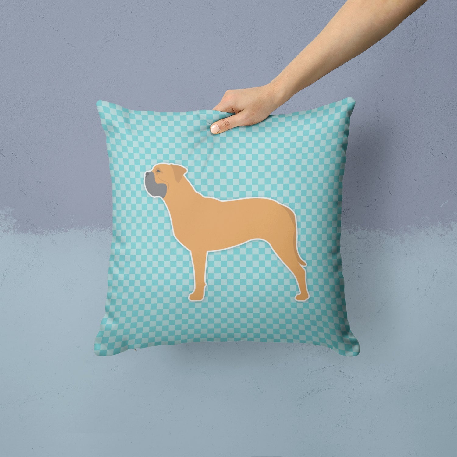 Bullmastiff Checkerboard Blue Decorative Throw Pillow 14x14 Indoor Outdoor Accent Cushion, Fabric Cover with Insert for Sofa, Bed, Porch & Living Room