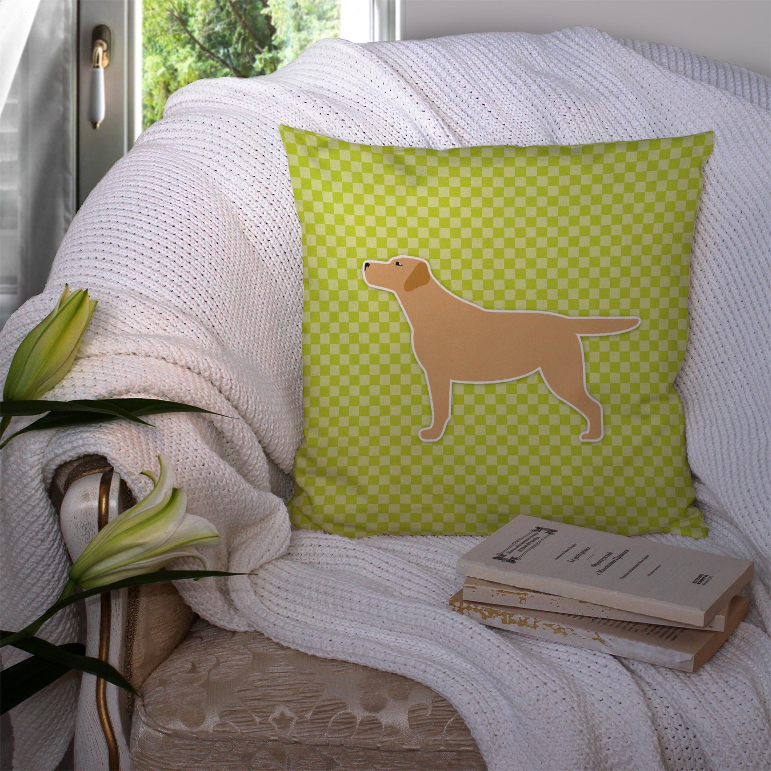 Yellow Labrador Retriever Checkerboard Green Decorative Throw Pillow 14x14 Indoor Outdoor Accent Cushion, Fabric Cover with Insert for Sofa, Bed, Porch & Living Room