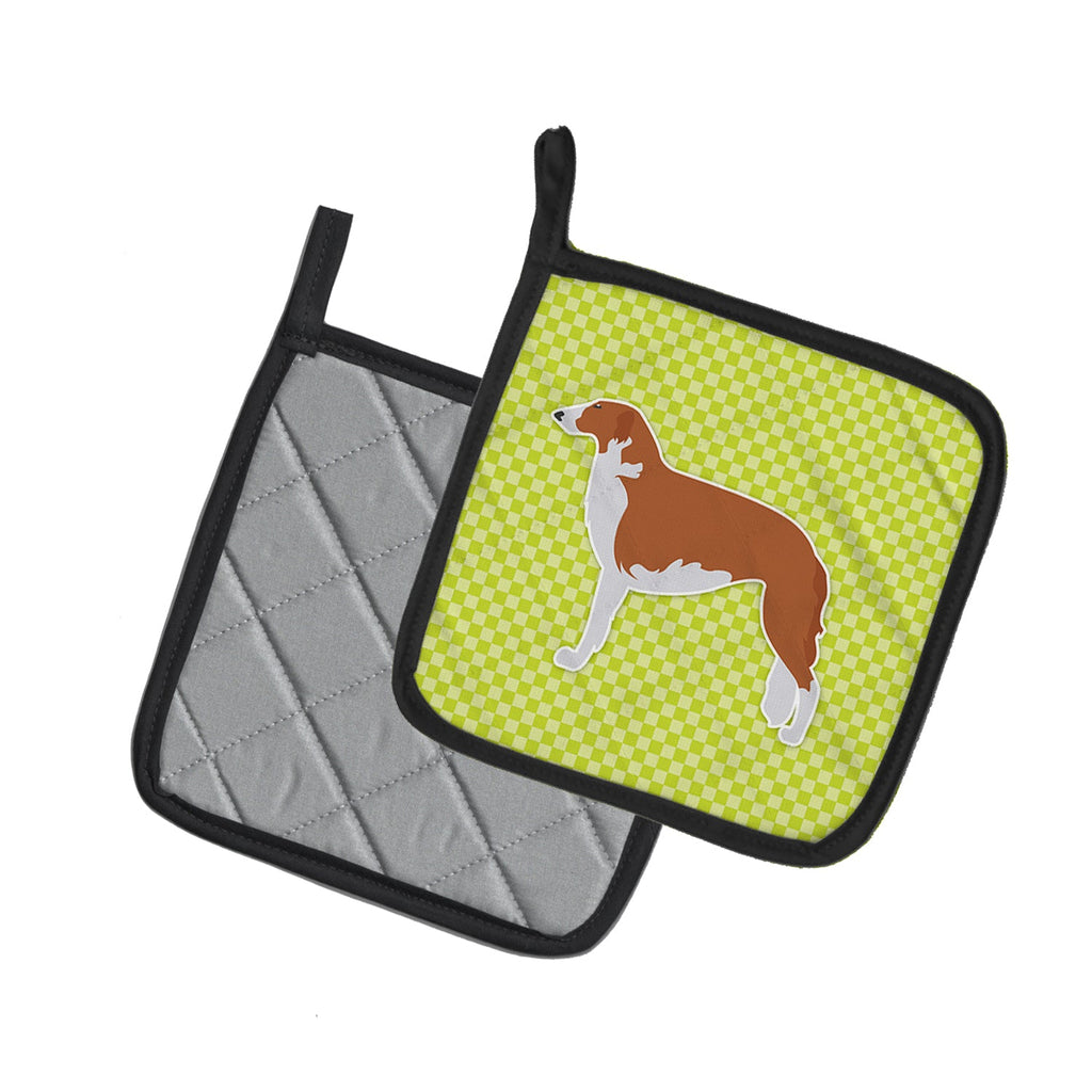 Borzoi Russian Greyhound Checkerboard Green Pot Holder Set of 2 Heat Resistant Quilted Hot Pads 7.5 x 7.5 Inch, Insulated Kitchen Trivets for Cooking & Baking