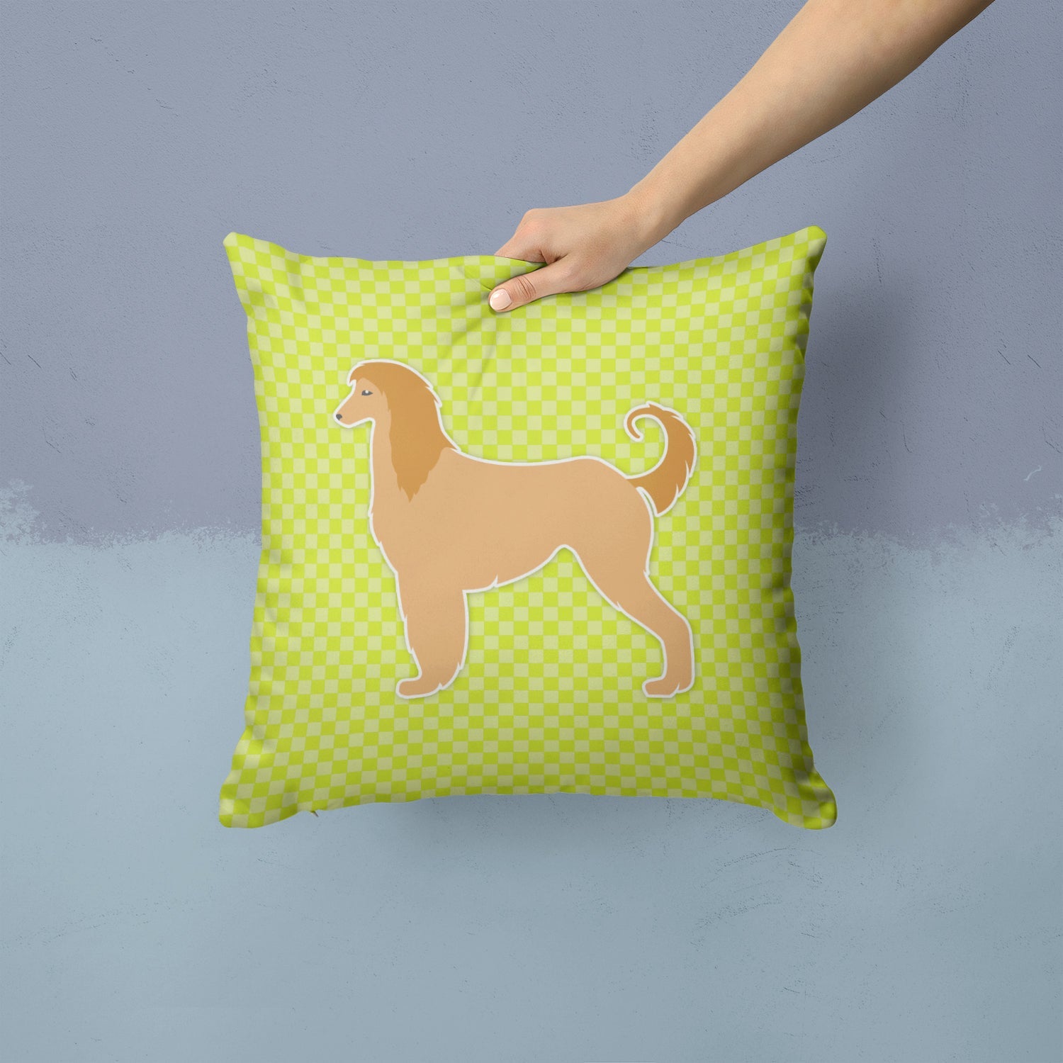 Afghan Hound Checkerboard Green Decorative Throw Pillow 14x14 Indoor Outdoor Accent Cushion, Fabric Cover with Insert for Sofa, Bed, Porch & Living Room