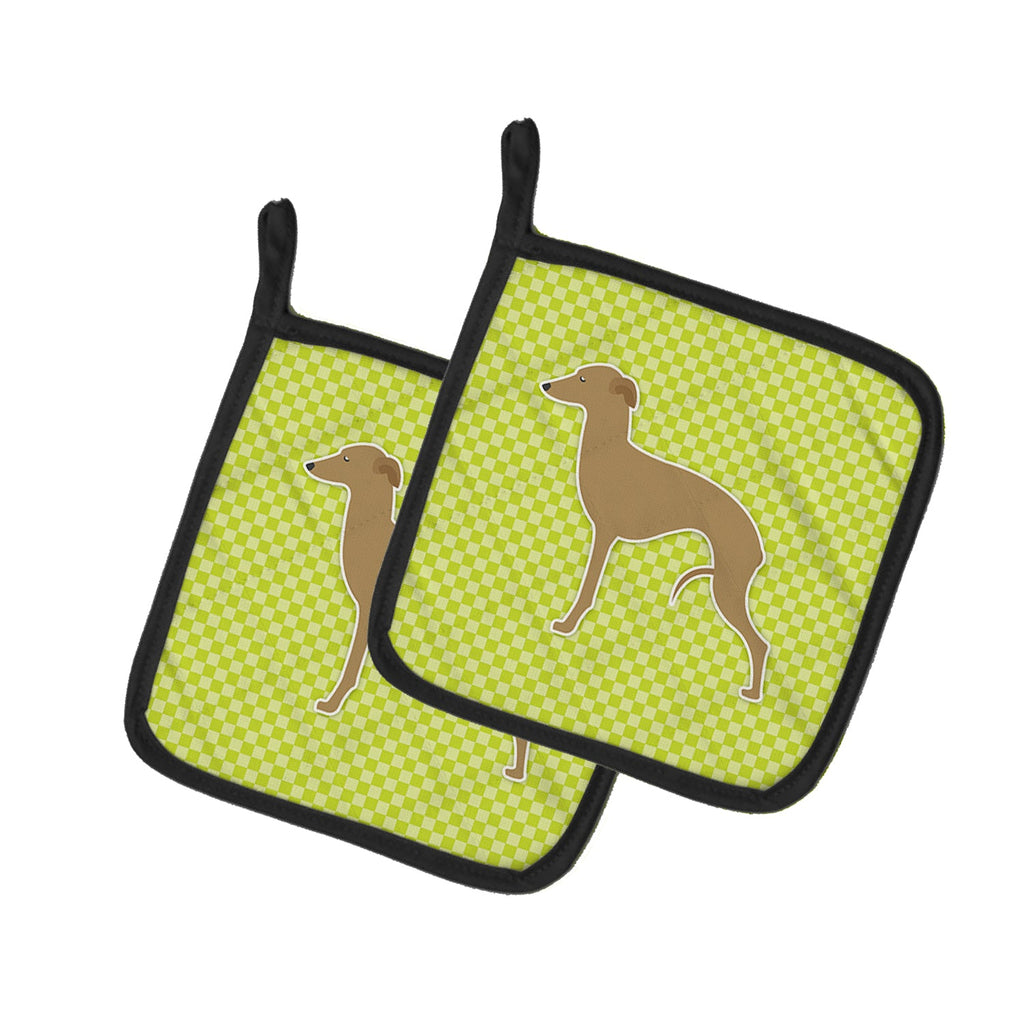 Italian Greyhound Checkerboard Green Pot Holder Set of 2 Heat Resistant Quilted Hot Pads 7.5 x 7.5 Inch, Insulated Kitchen Trivets for Cooking & Baking