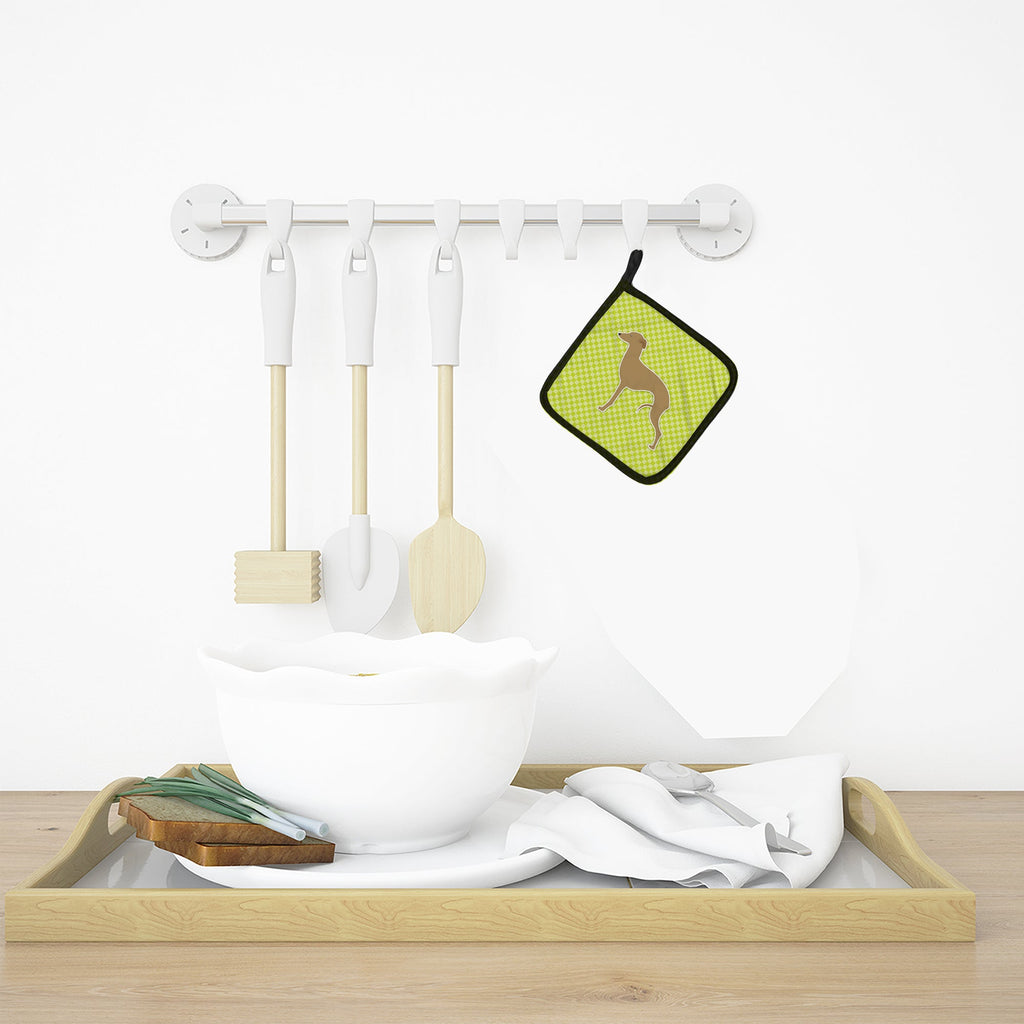 Italian Greyhound Checkerboard Green Pot Holder Set of 2 Heat Resistant Quilted Hot Pads 7.5 x 7.5 Inch, Insulated Kitchen Trivets for Cooking & Baking
