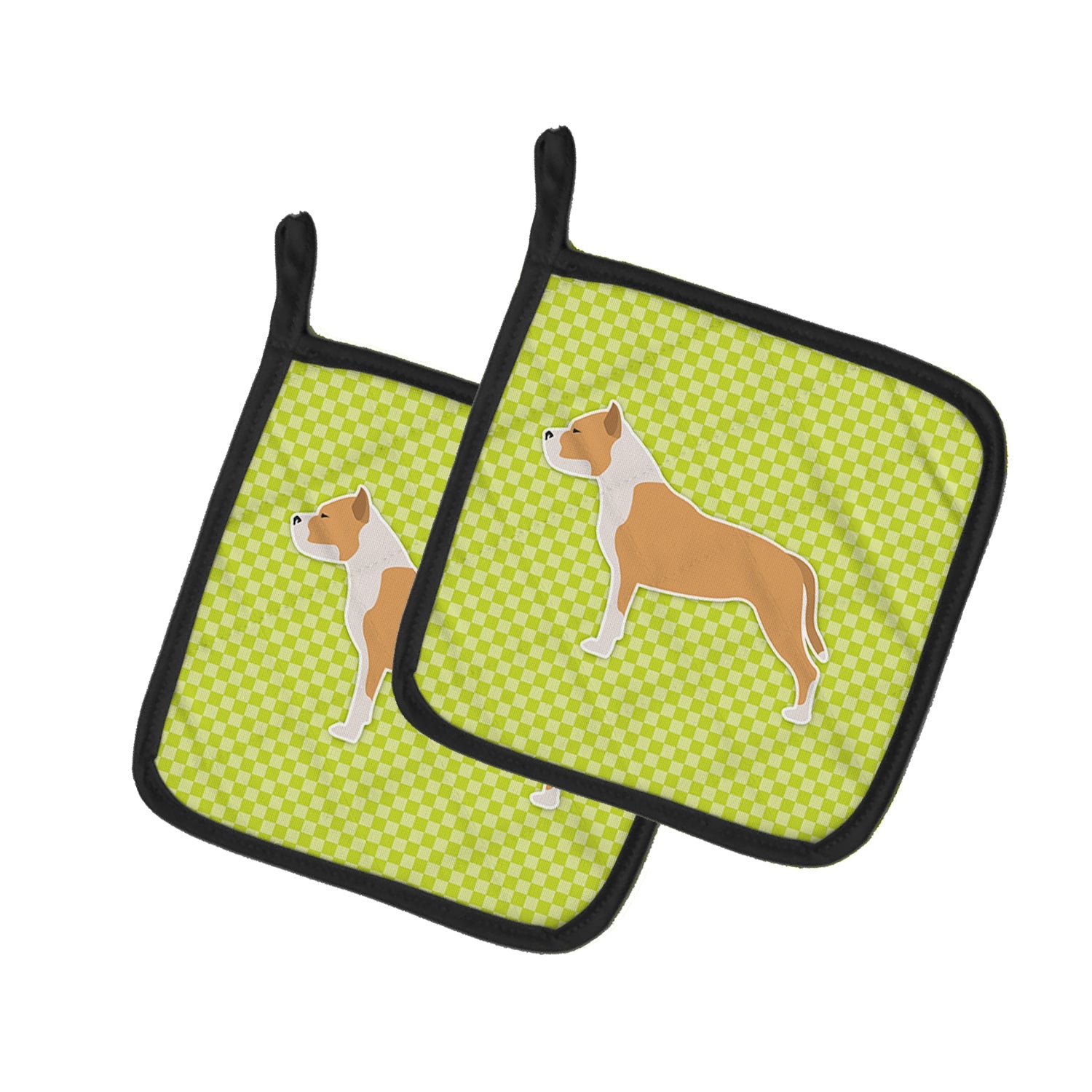 Staffordshire Bull Terrier Checkerboard Green Pot Holder Set of 2 Heat Resistant Quilted Hot Pads 7.5 x 7.5 Inch, Insulated Kitchen Trivets for Cooking & Baking