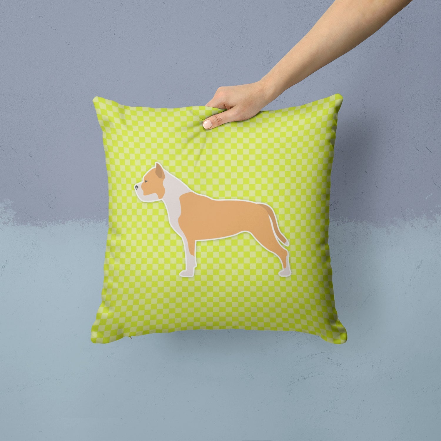 Staffordshire Bull Terrier Checkerboard Green Decorative Throw Pillow 14x14 Indoor Outdoor Accent Cushion, Fabric Cover with Insert for Sofa, Bed, Porch & Living Room