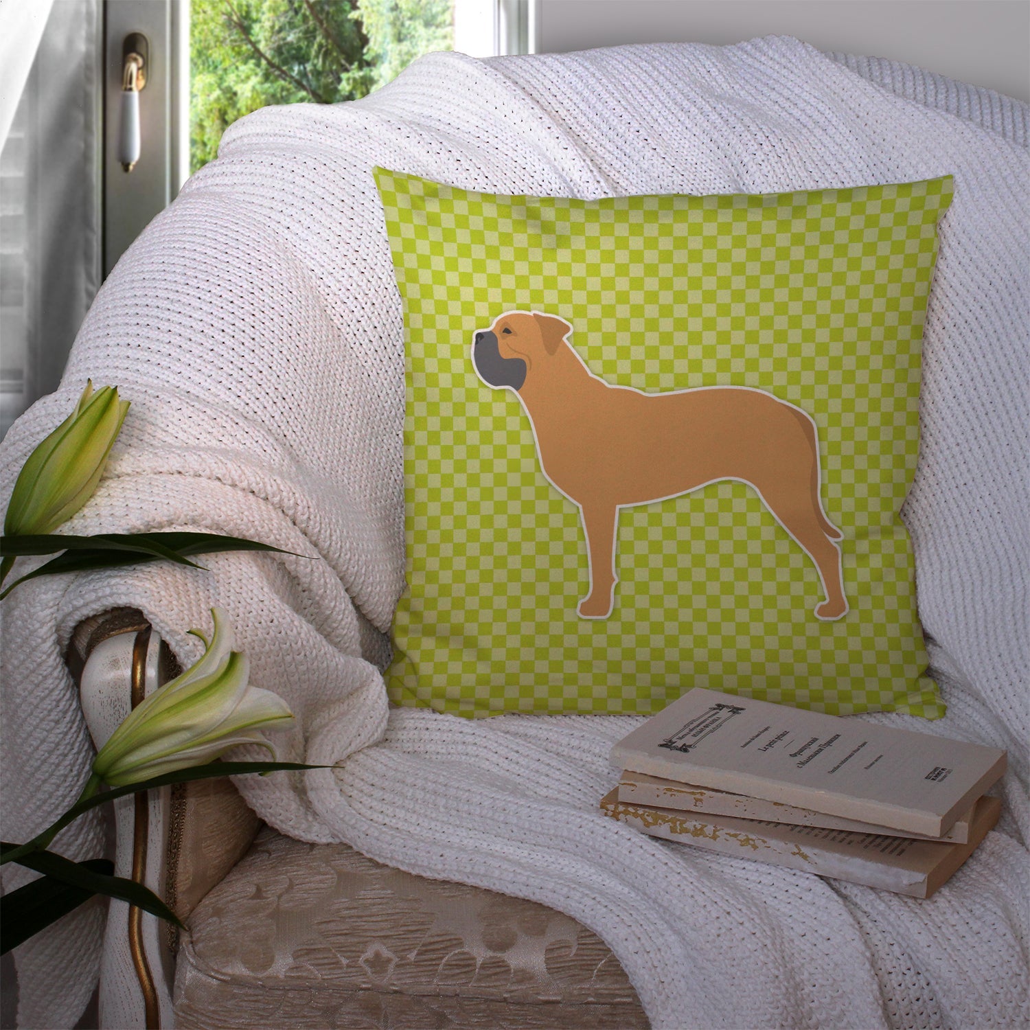 Bullmastiff Checkerboard Green Decorative Throw Pillow 14x14 Indoor Outdoor Accent Cushion, Fabric Cover with Insert for Sofa, Bed, Porch & Living Room