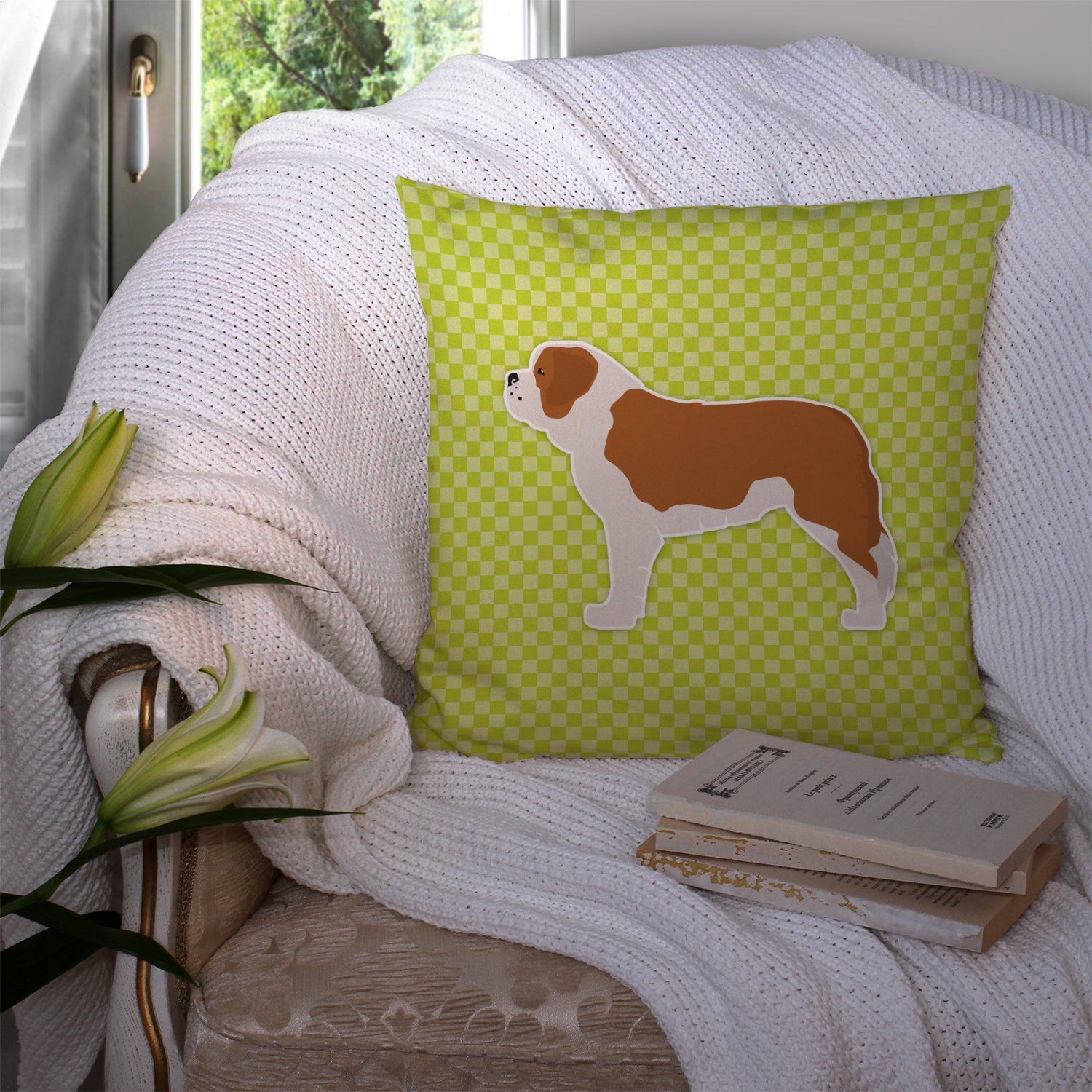 Saint Bernard Checkerboard Green Decorative Throw Pillow 14x14 Indoor Outdoor Accent Cushion, Fabric Cover with Insert for Sofa, Bed, Porch & Living Room
