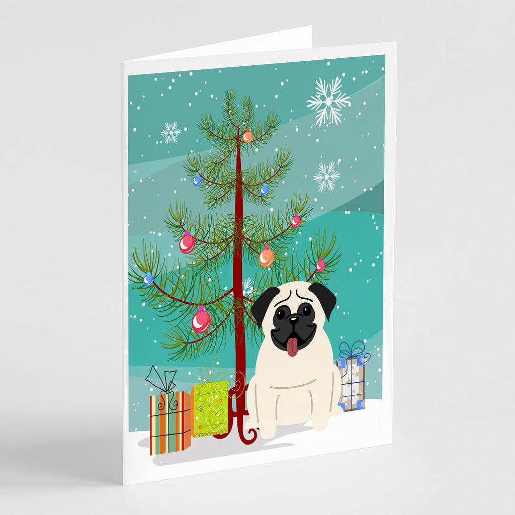 Merry Christmas Tree Pug Cream Greeting Cards Pack of 8 Blank Cards with Envelopes Whimsical A7 Size 5x7