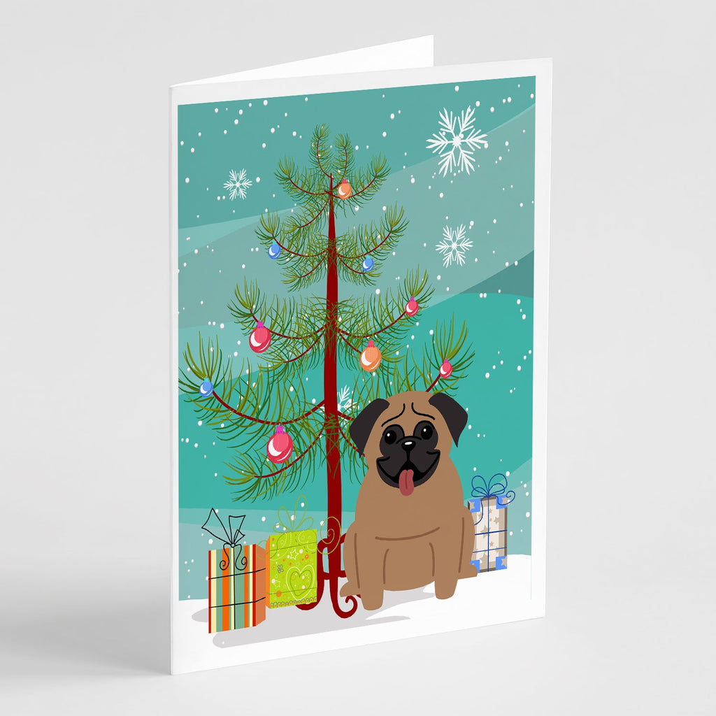 Merry Christmas Tree Pug Brown Greeting Cards Pack of 8 Blank Cards with Envelopes Whimsical A7 Size 5x7