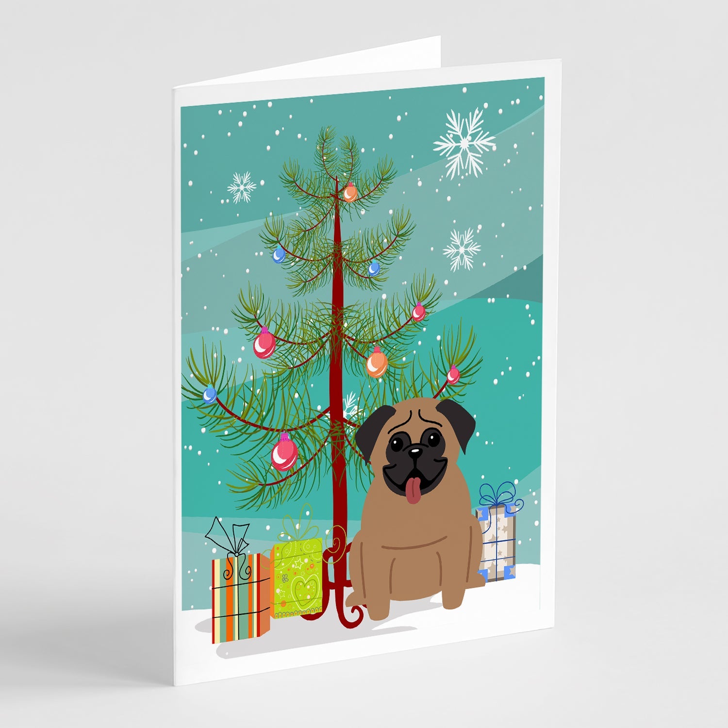 Merry Christmas Tree Pug Brown Greeting Cards Pack of 8 Blank Cards with Envelopes Whimsical A7 Size 5x7