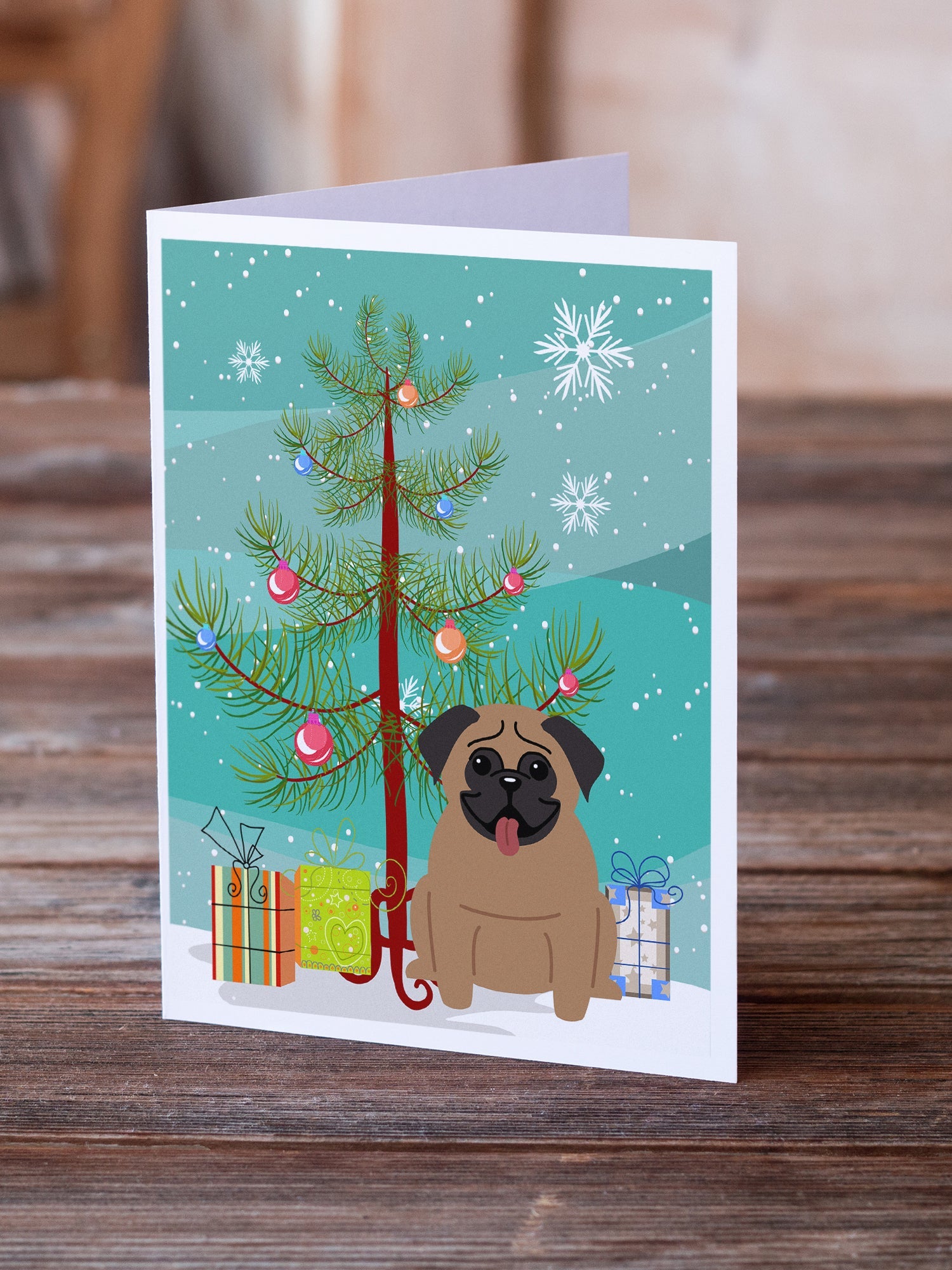 Merry Christmas Tree Pug Brown Greeting Cards Pack of 8 Blank Cards with Envelopes Whimsical A7 Size 5x7