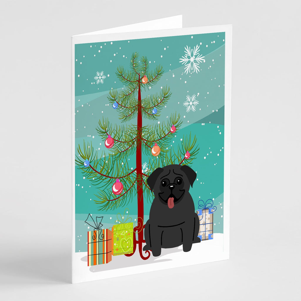 Merry Christmas Tree Pug Black Greeting Cards Pack of 8 Blank Cards with Envelopes Whimsical A7 Size 5x7
