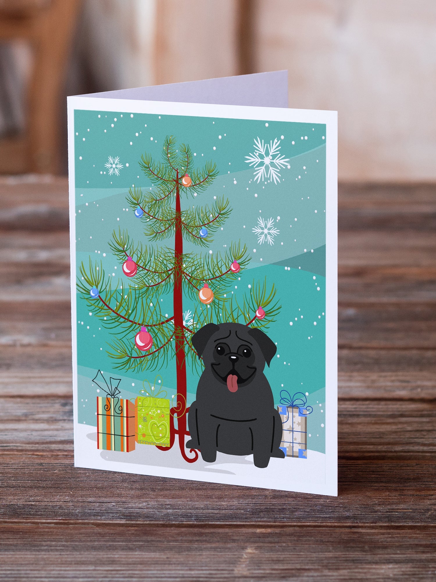 Merry Christmas Tree Pug Black Greeting Cards Pack of 8 Blank Cards with Envelopes Whimsical A7 Size 5x7