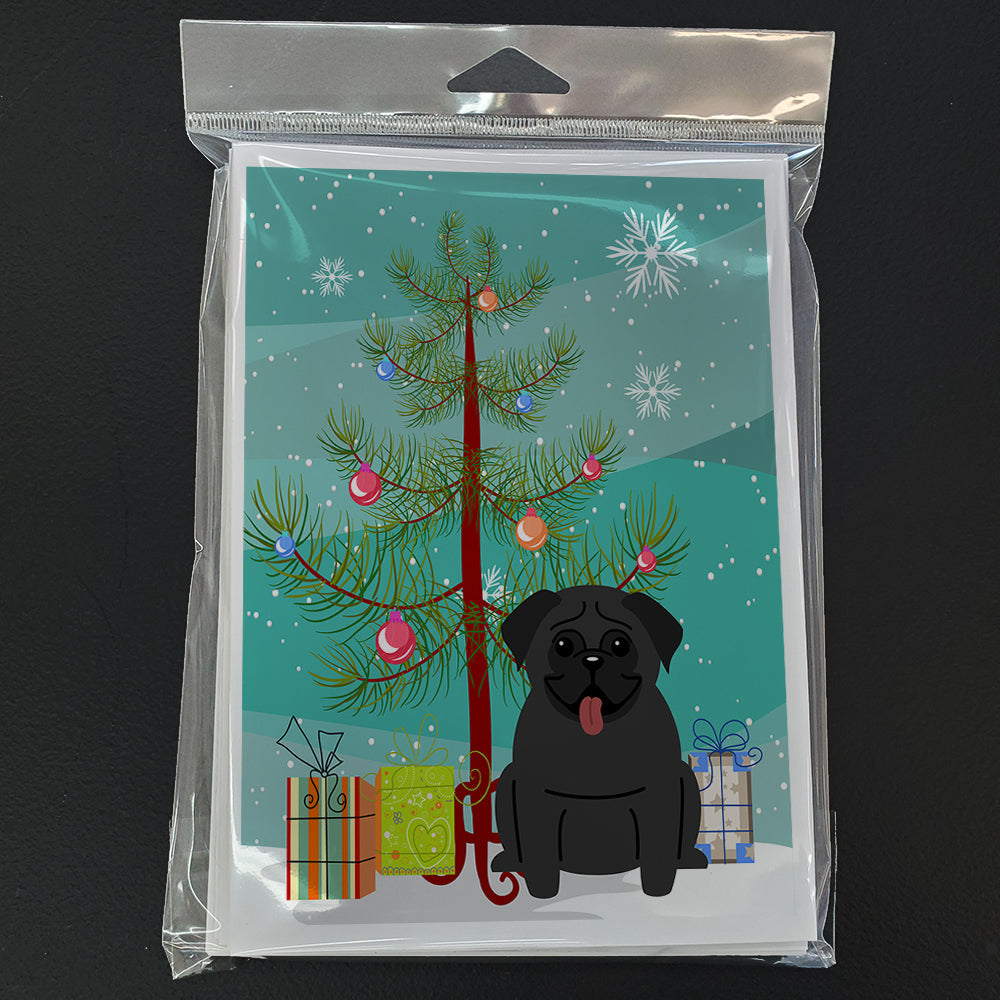 Merry Christmas Tree Pug Black Greeting Cards Pack of 8 Blank Cards with Envelopes Whimsical A7 Size 5x7