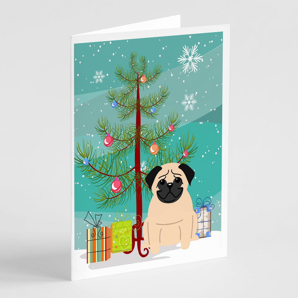 Merry Christmas Tree Pug Fawn Greeting Cards Pack of 8 Blank Cards with Envelopes Whimsical A7 Size 5x7