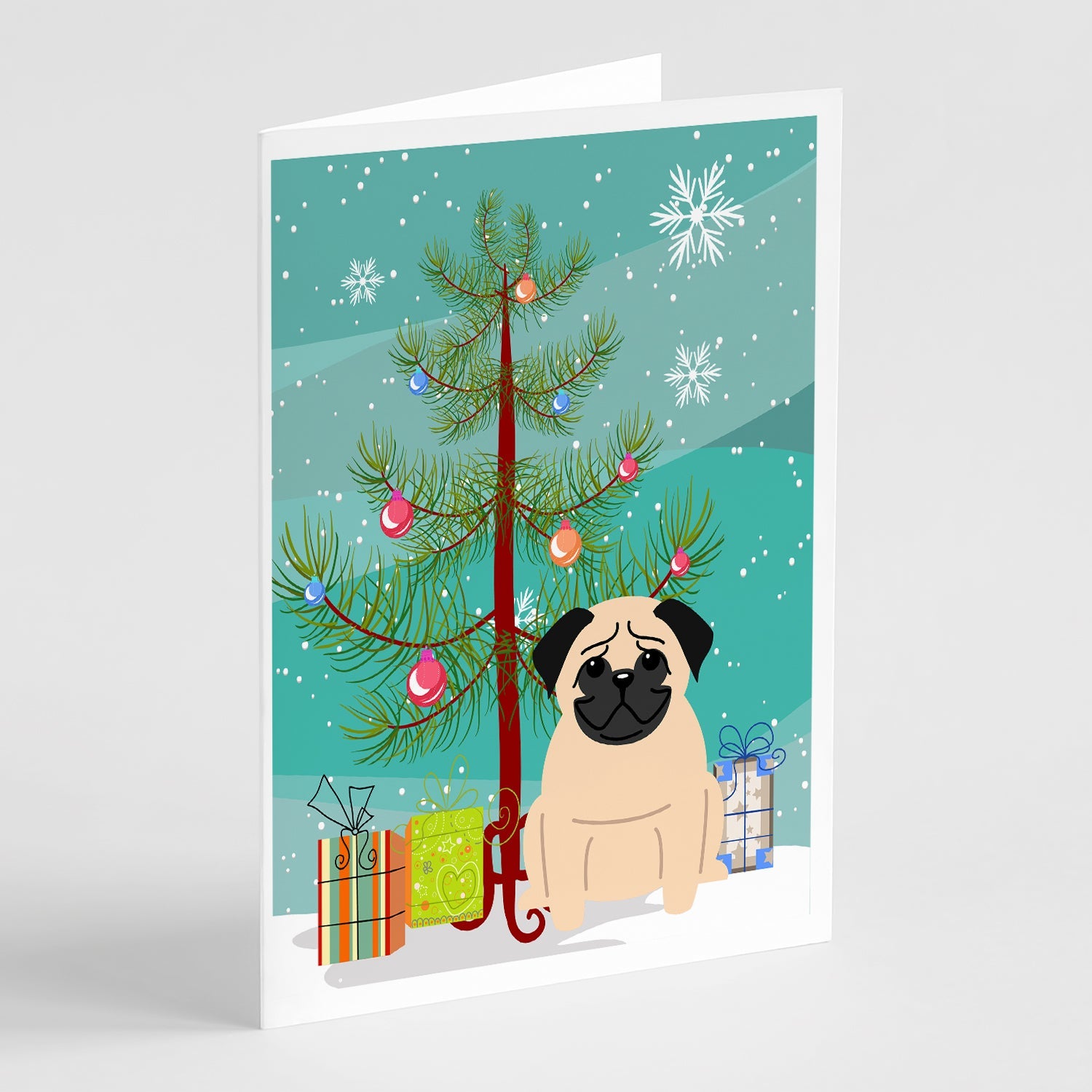 Merry Christmas Tree Pug Fawn Greeting Cards Pack of 8 Blank Cards with Envelopes Whimsical A7 Size 5x7