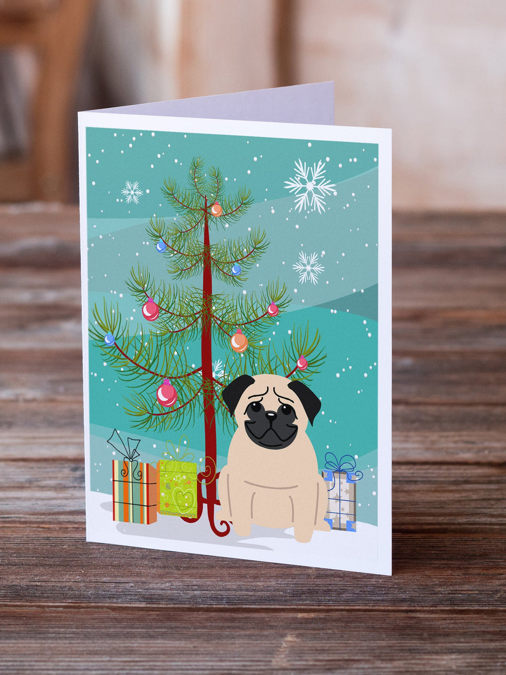 Merry Christmas Tree Pug Fawn Greeting Cards Pack of 8 Blank Cards with Envelopes Whimsical A7 Size 5x7