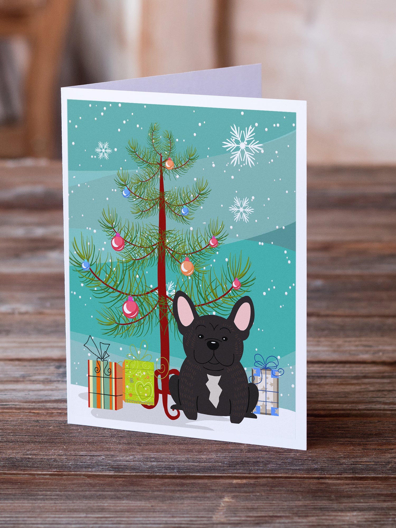 Merry Christmas Tree French Bulldog Brindle Greeting Cards Pack of 8 Blank Cards with Envelopes Whimsical A7 Size 5x7