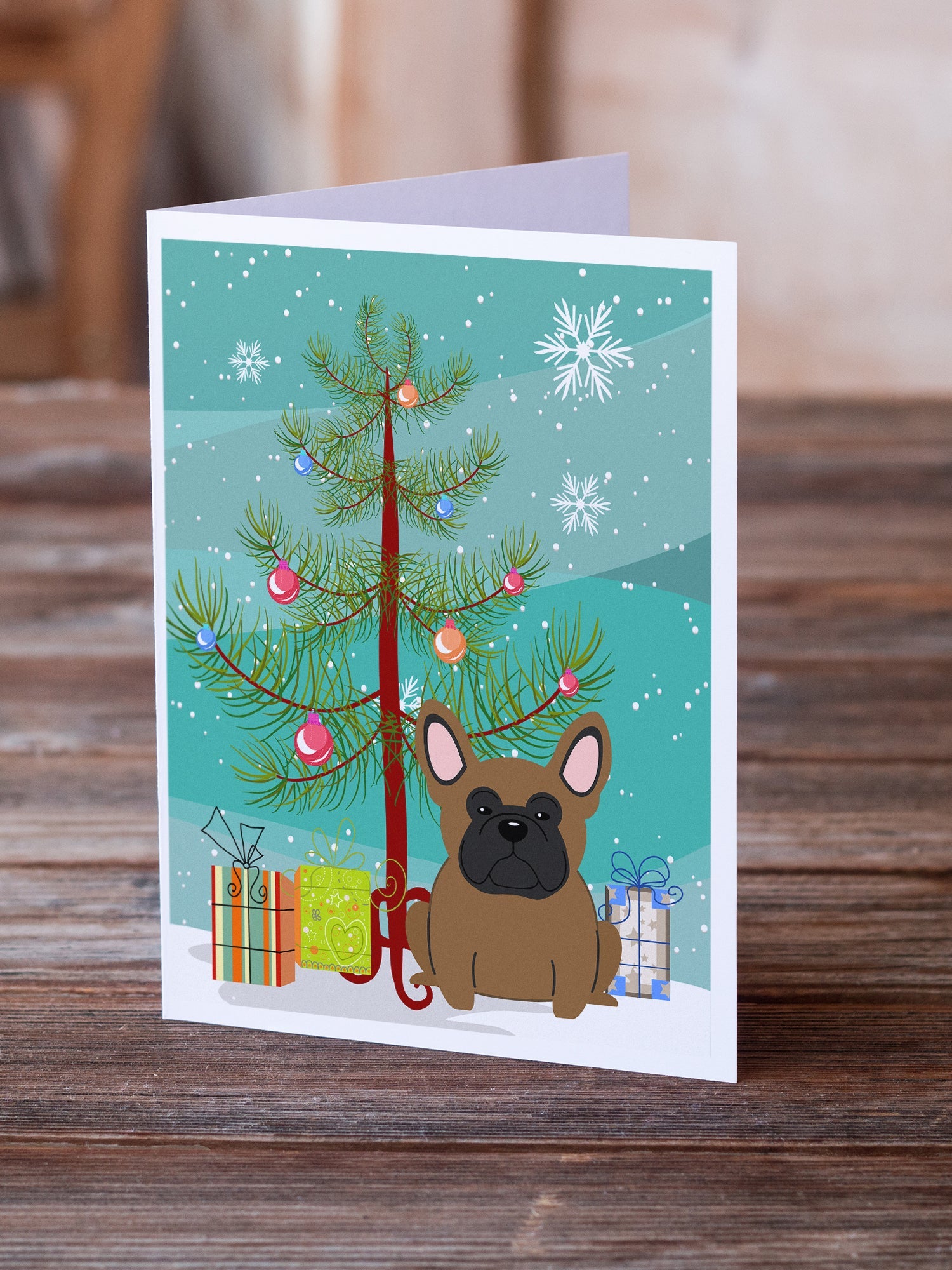 Merry Christmas Tree French Bulldog Brown Greeting Cards Pack of 8 Blank Cards with Envelopes Whimsical A7 Size 5x7