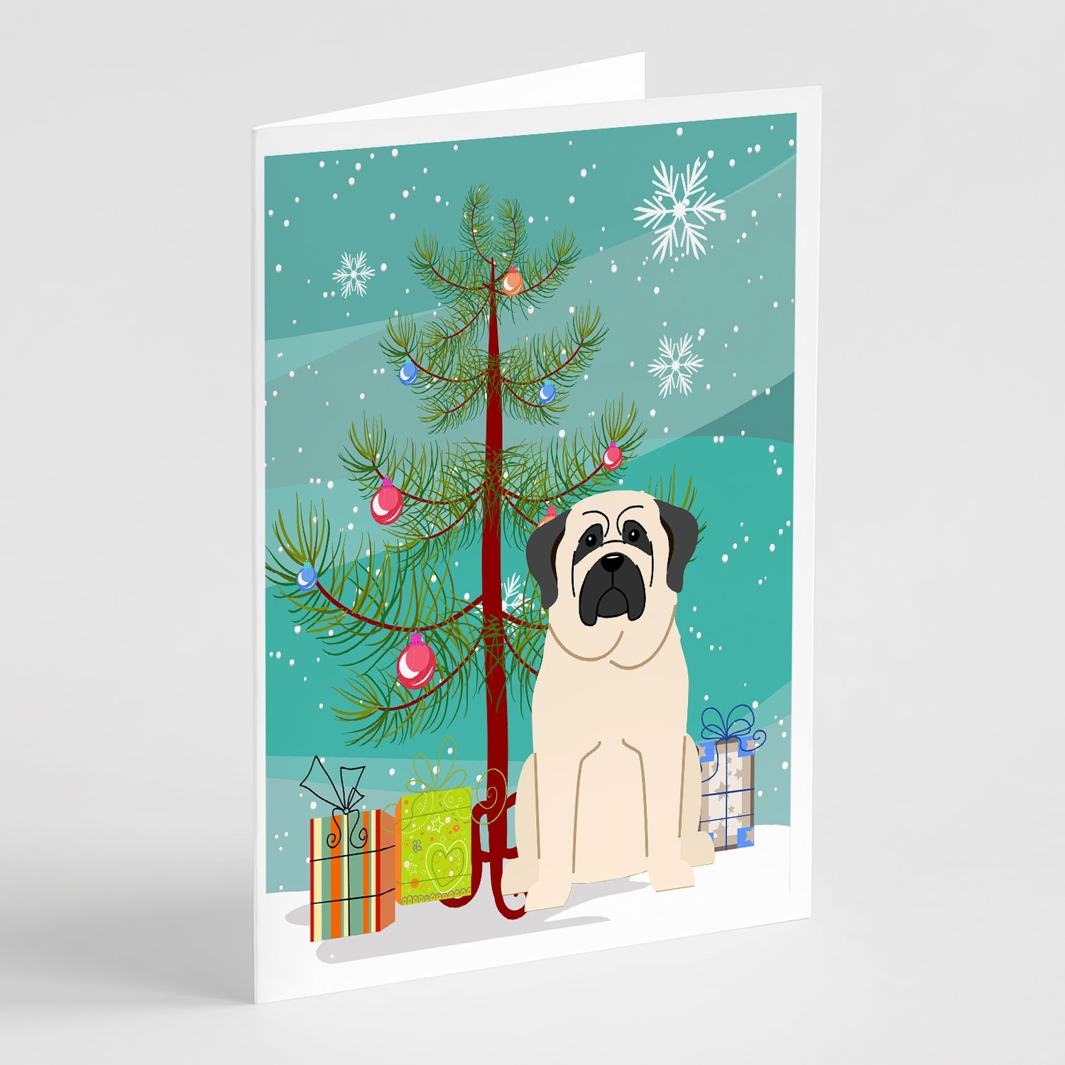 Merry Christmas Tree Mastiff White Greeting Cards Pack of 8 Blank Cards with Envelopes Whimsical A7 Size 5x7
