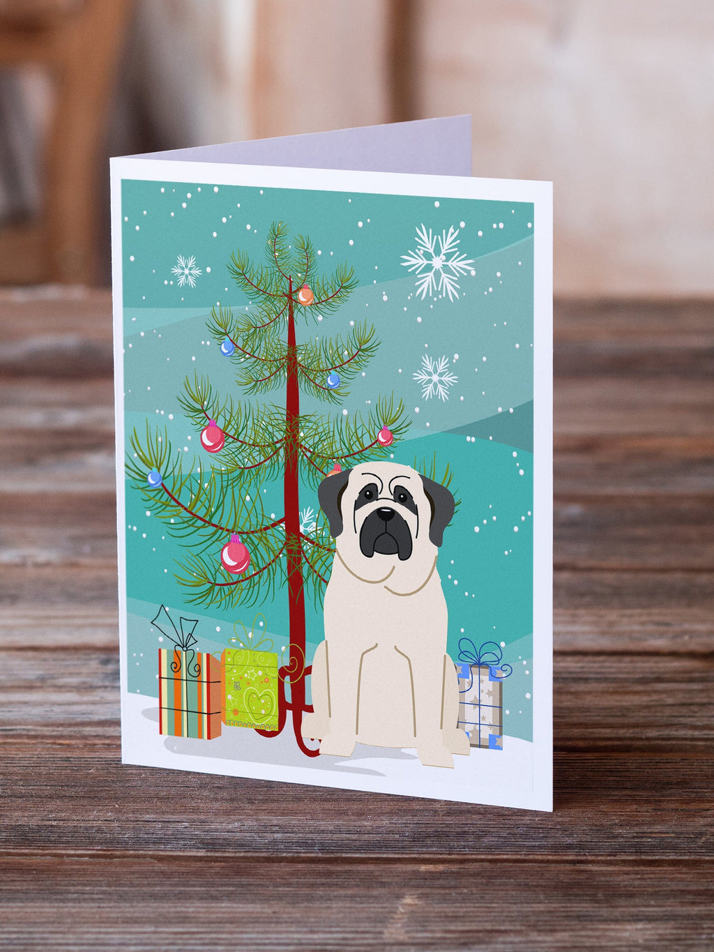 Merry Christmas Tree Mastiff White Greeting Cards Pack of 8 Blank Cards with Envelopes Whimsical A7 Size 5x7