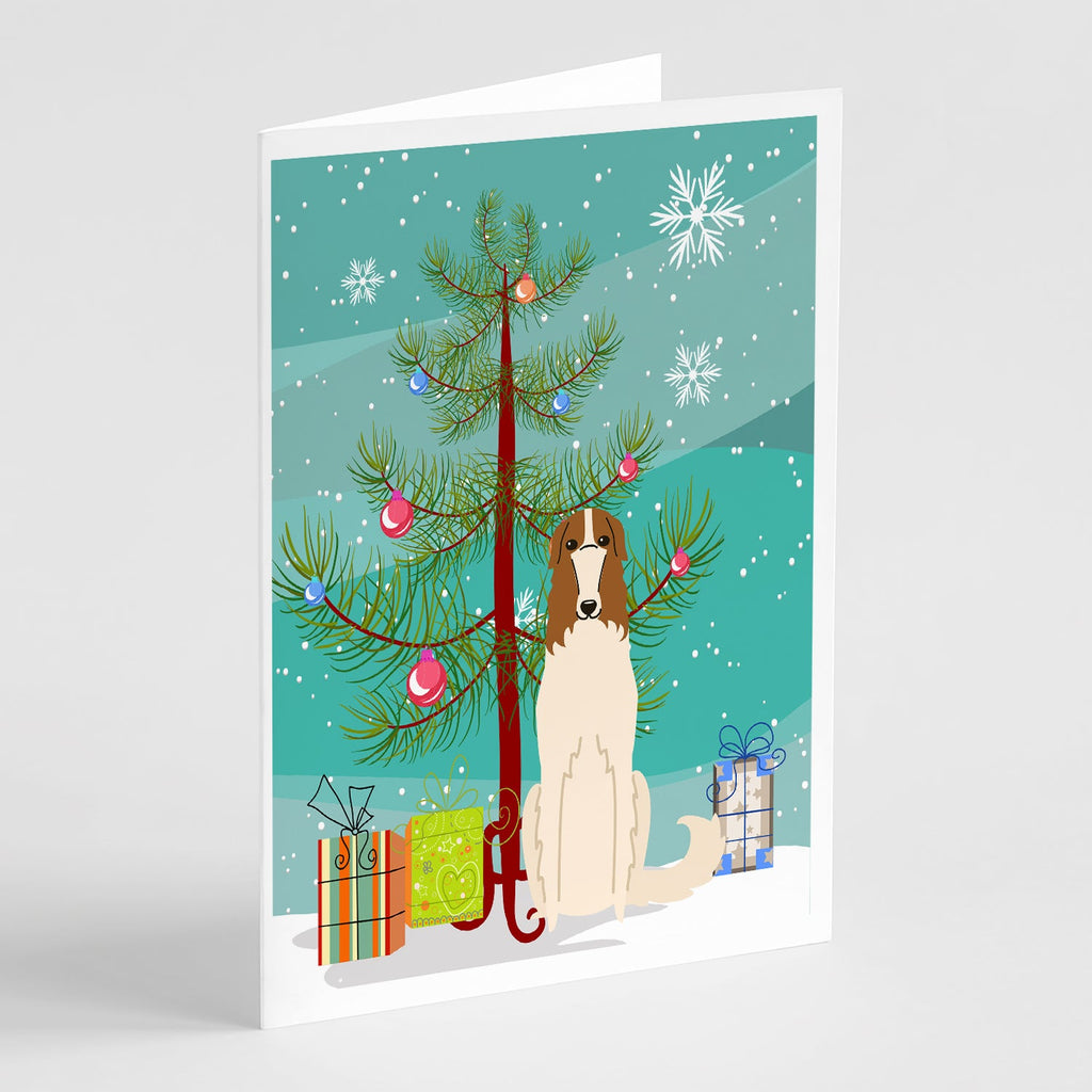 Merry Christmas Tree Borzoi Greeting Cards Pack of 8 Blank Cards with Envelopes Whimsical A7 Size 5x7