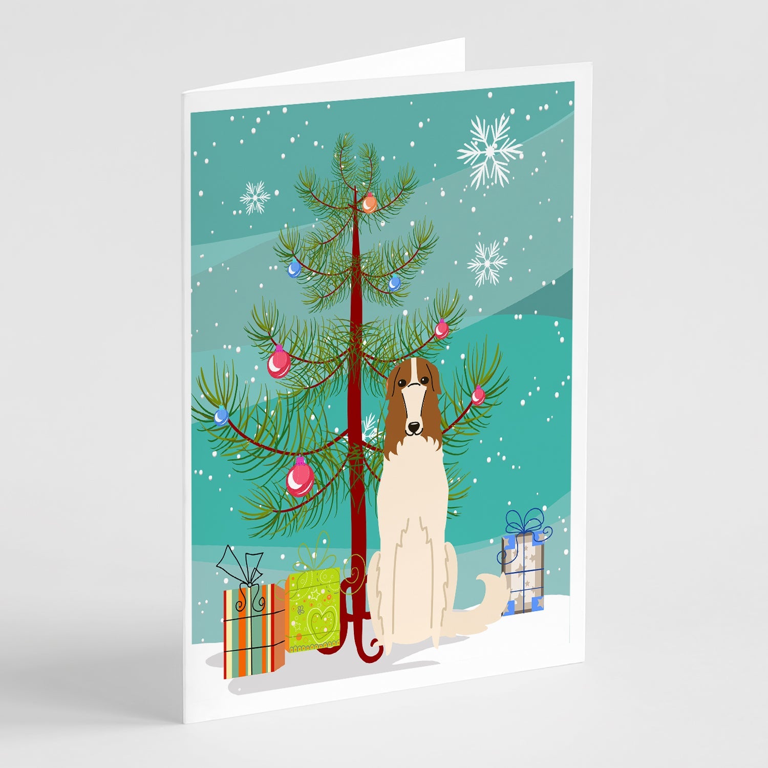 Merry Christmas Tree Borzoi Greeting Cards Pack of 8 Blank Cards with Envelopes Whimsical A7 Size 5x7