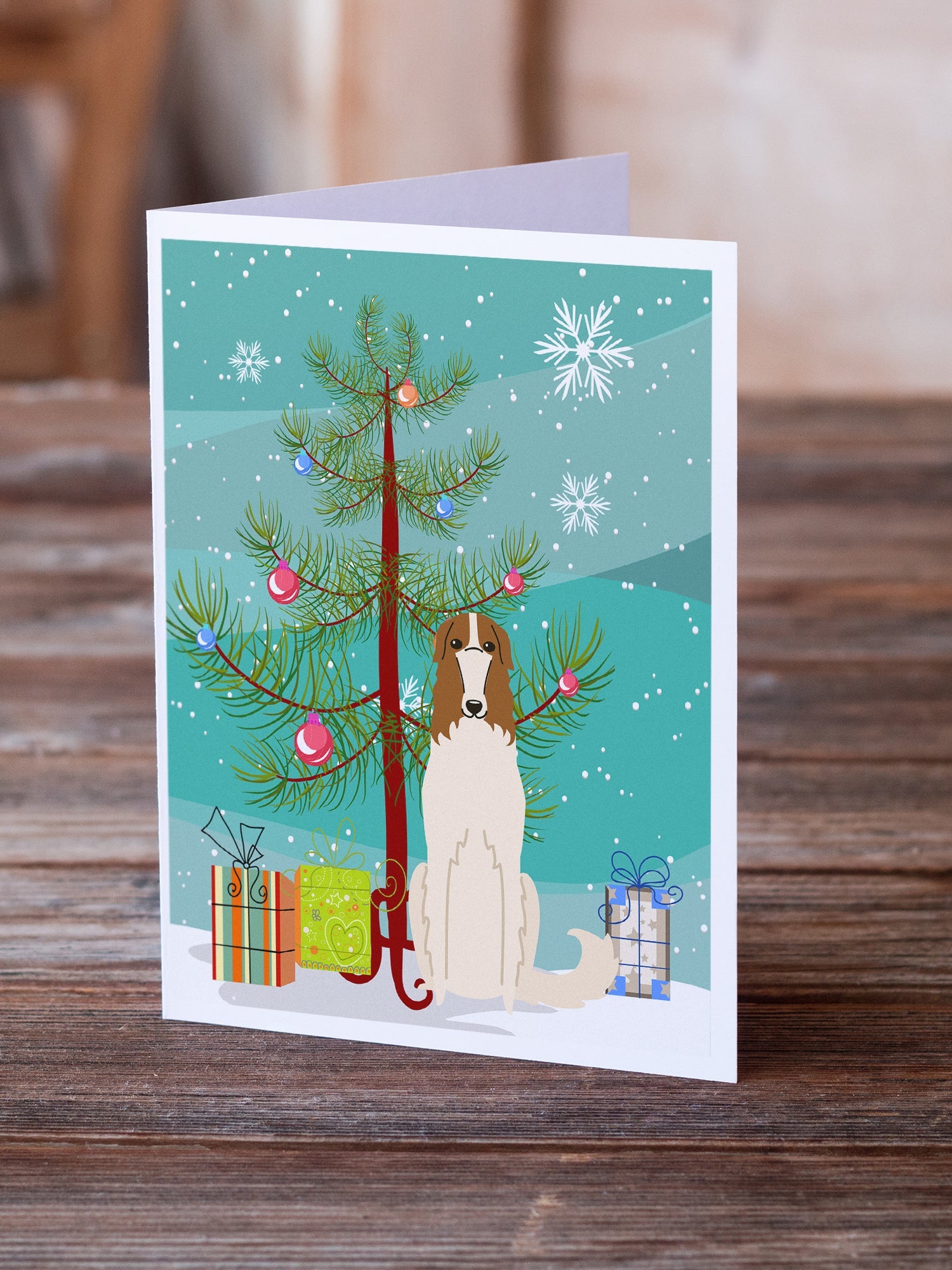 Merry Christmas Tree Borzoi Greeting Cards Pack of 8 Blank Cards with Envelopes Whimsical A7 Size 5x7