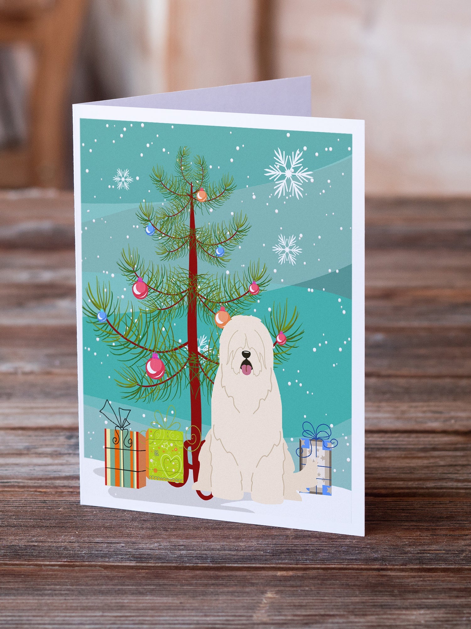 Merry Christmas Tree South Russian Sheepdog Greeting Cards Pack of 8 Blank Cards with Envelopes Whimsical A7 Size 5x7