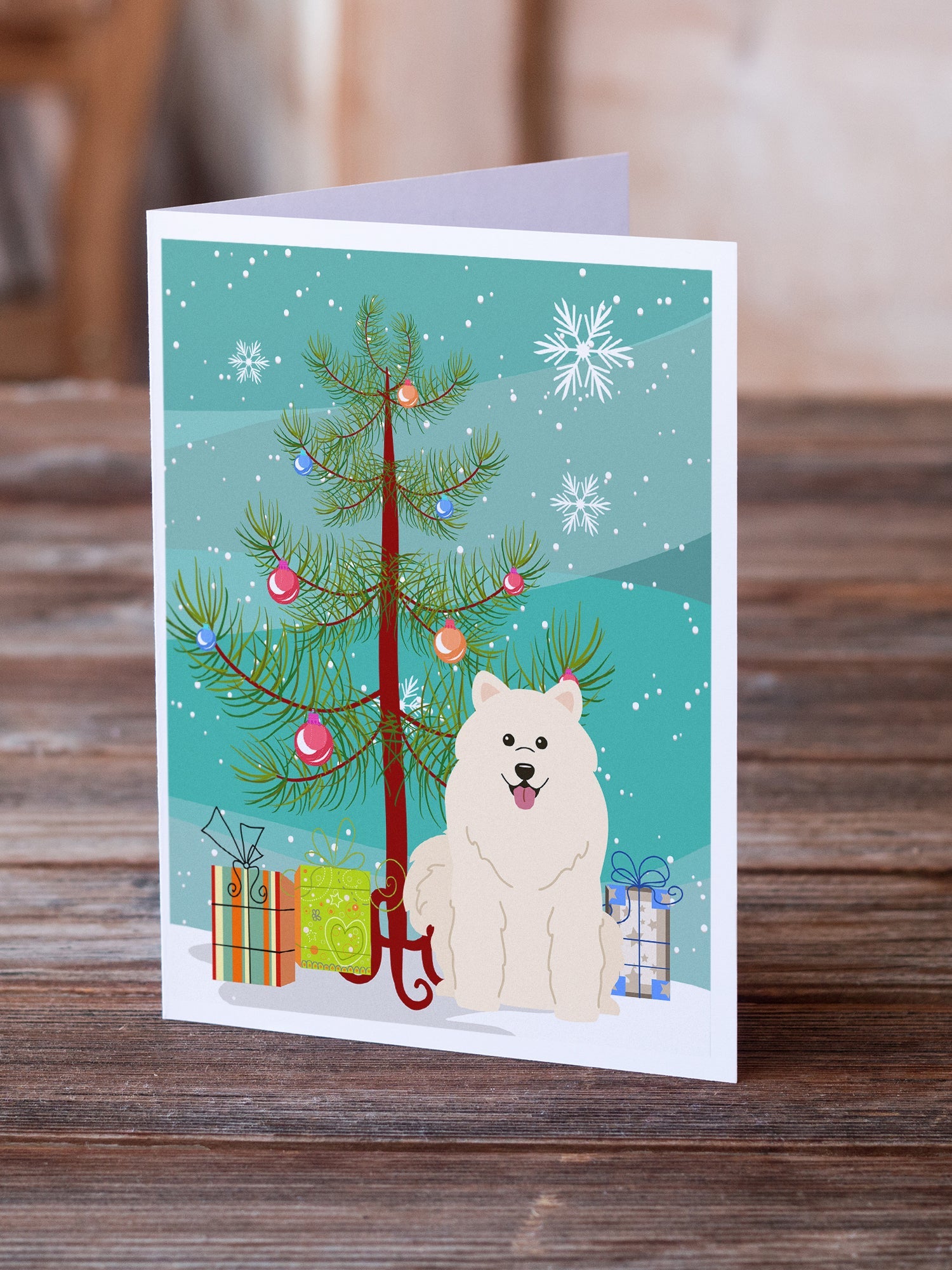 Merry Christmas Tree Samoyed Greeting Cards Pack of 8 Blank Cards with Envelopes Whimsical A7 Size 5x7