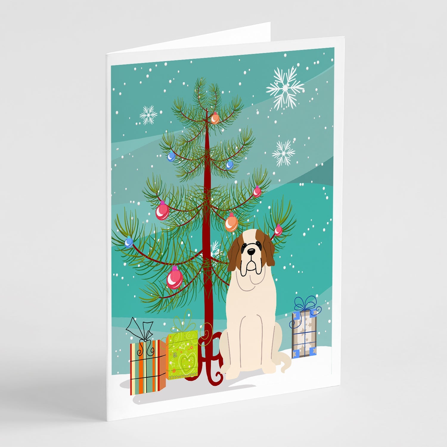 Merry Christmas Tree Saint Bernard Greeting Cards Pack of 8 Blank Cards with Envelopes Whimsical A7 Size 5x7