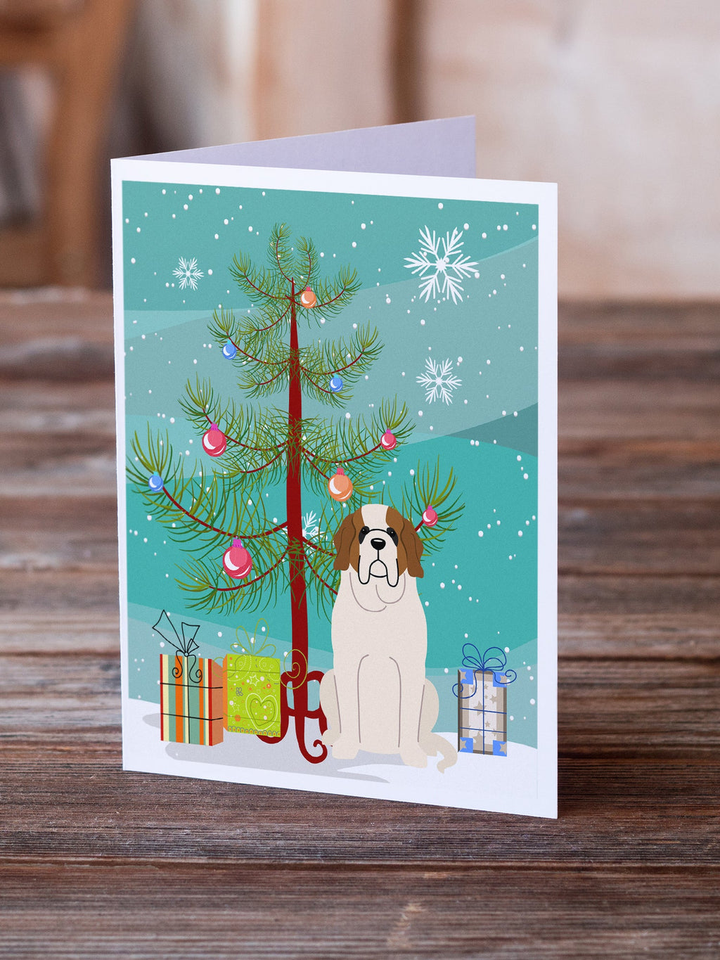 Merry Christmas Tree Saint Bernard Greeting Cards Pack of 8 Blank Cards with Envelopes Whimsical A7 Size 5x7