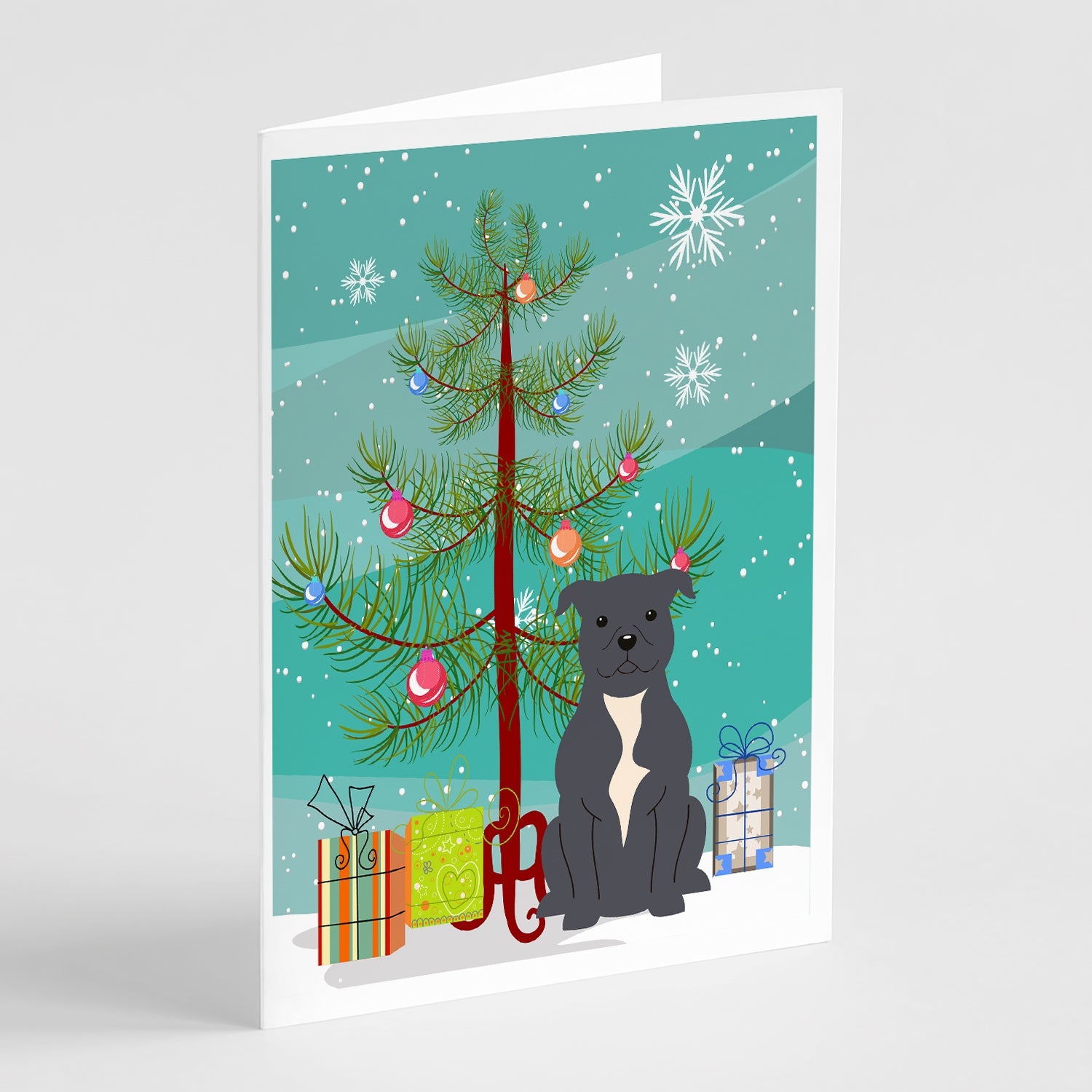 Merry Christmas Tree Staffordshire Bull Terrier Blue Greeting Cards Pack of 8 Blank Cards with Envelopes Whimsical A7 Size 5x7