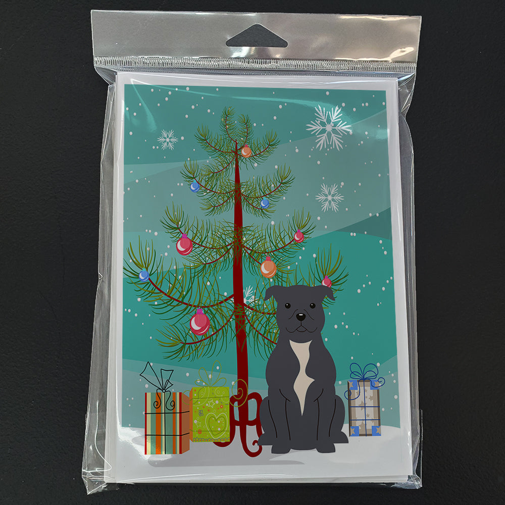 Merry Christmas Tree Staffordshire Bull Terrier Blue Greeting Cards Pack of 8 Blank Cards with Envelopes Whimsical A7 Size 5x7
