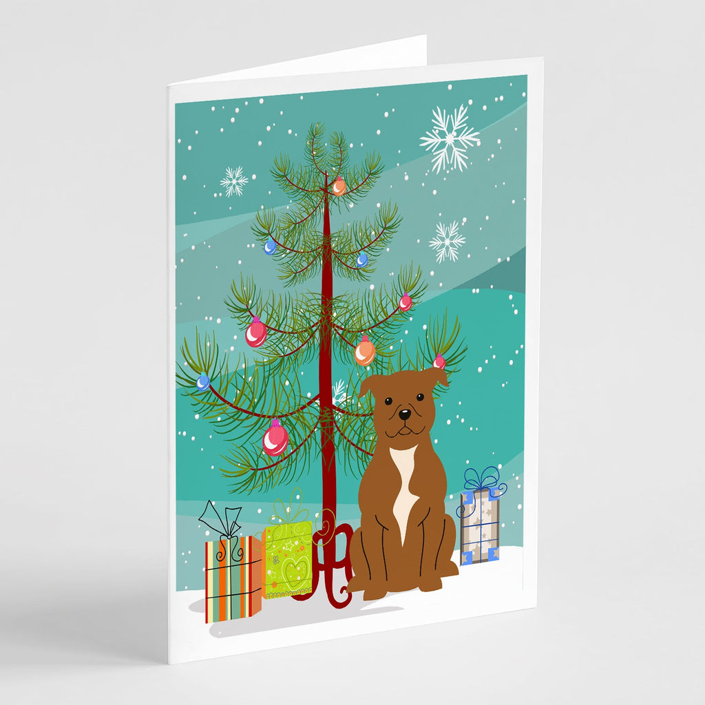 Merry Christmas Tree Staffordshire Bull Terrier Brown Greeting Cards Pack of 8 Blank Cards with Envelopes Whimsical A7 Size 5x7