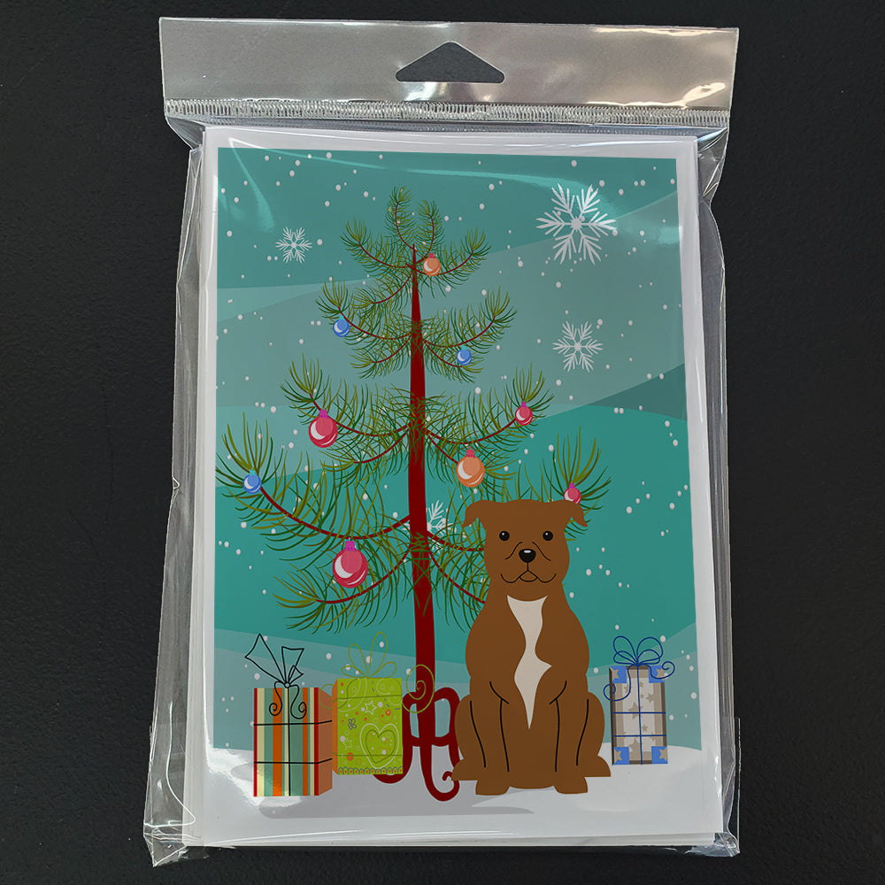 Merry Christmas Tree Staffordshire Bull Terrier Brown Greeting Cards Pack of 8 Blank Cards with Envelopes Whimsical A7 Size 5x7