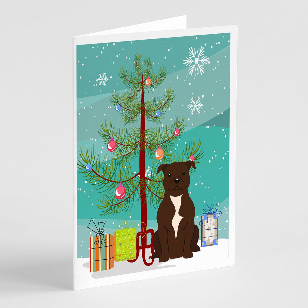 Merry Christmas Tree Staffordshire Bull Terrier Chocolate Greeting Cards Pack of 8 Blank Cards with Envelopes Whimsical A7 Size 5x7