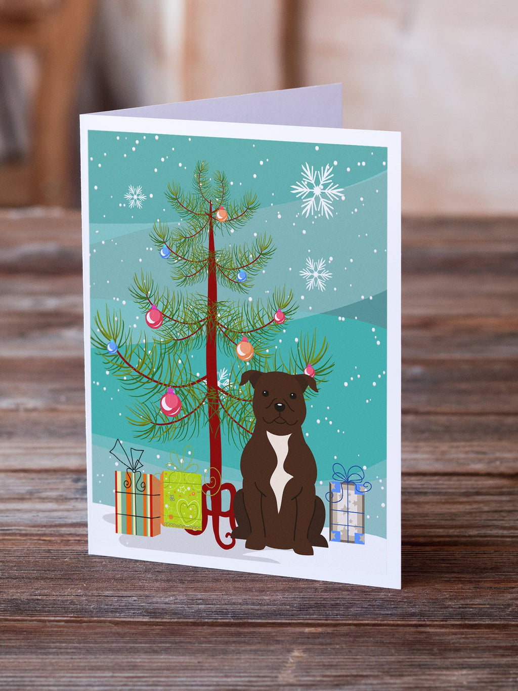 Merry Christmas Tree Staffordshire Bull Terrier Chocolate Greeting Cards Pack of 8 Blank Cards with Envelopes Whimsical A7 Size 5x7