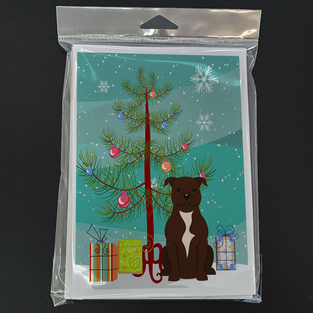 Merry Christmas Tree Staffordshire Bull Terrier Chocolate Greeting Cards Pack of 8 Blank Cards with Envelopes Whimsical A7 Size 5x7