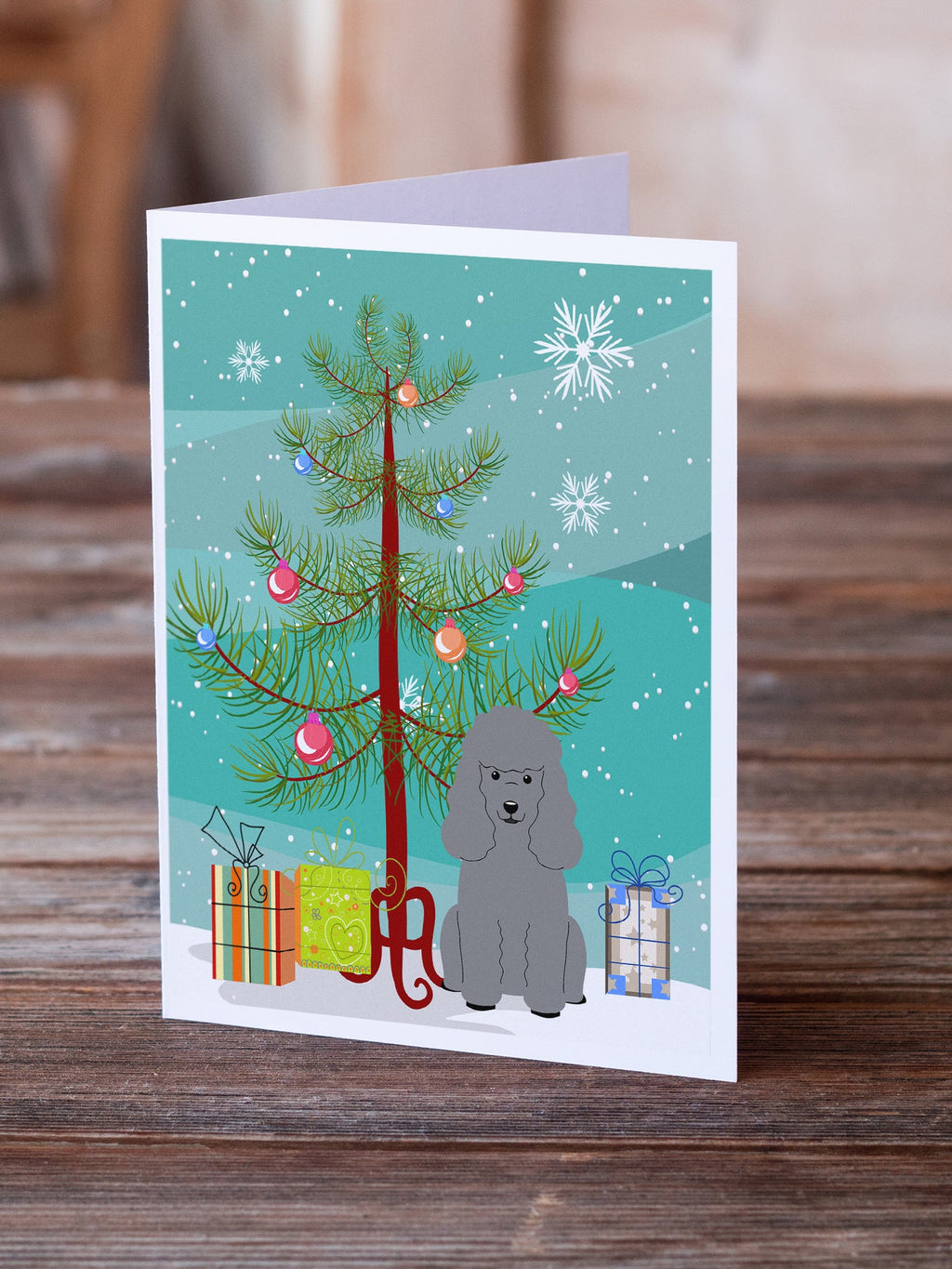 Merry Christmas Tree Poodle Silver Greeting Cards Pack of 8 Blank Cards with Envelopes Whimsical A7 Size 5x7
