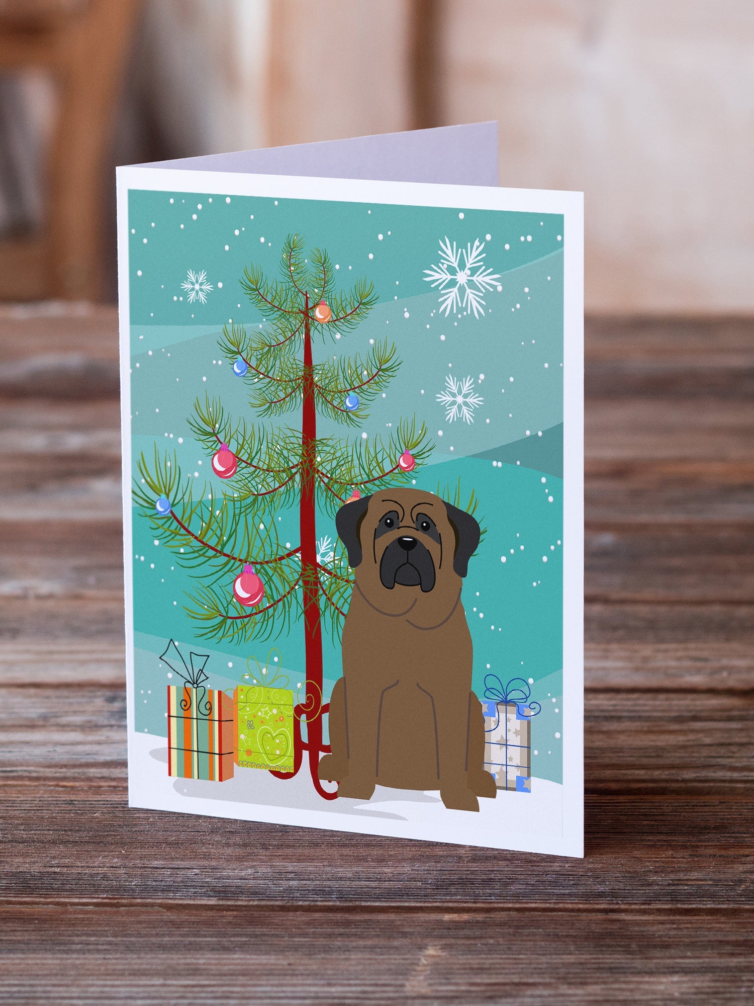 Merry Christmas Tree Bullmastiff Greeting Cards Pack of 8 Blank Cards with Envelopes Whimsical A7 Size 5x7
