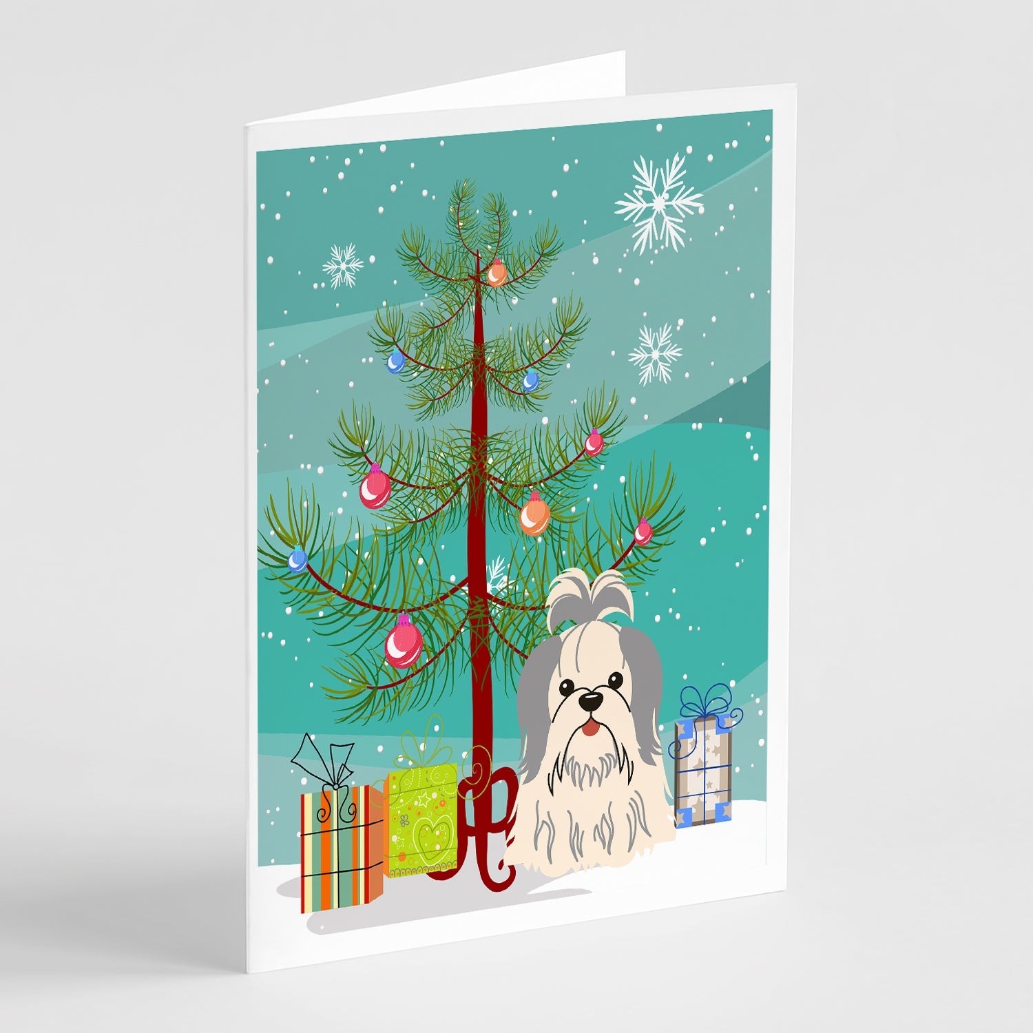 Merry Christmas Tree Shih Tzu Silver White Greeting Cards Pack of 8 Blank Cards with Envelopes Whimsical A7 Size 5x7
