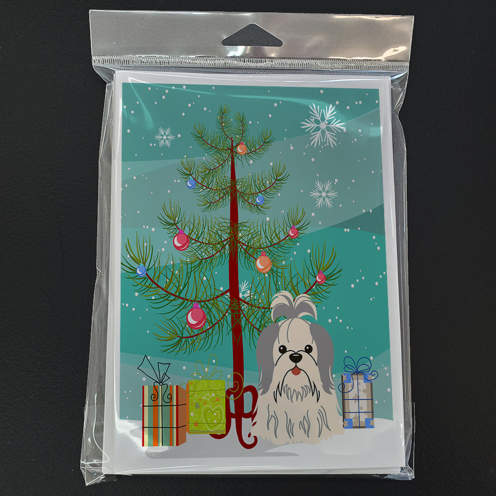 Merry Christmas Tree Shih Tzu Silver White Greeting Cards Pack of 8 Blank Cards with Envelopes Whimsical A7 Size 5x7