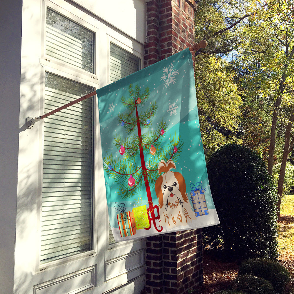 Merry Christmas Tree Shih Tzu Red White House Flag 28x40 Porch Sleeve Pole Decorative Outside Yard Banner Artwork Wall Hanging, Polyester