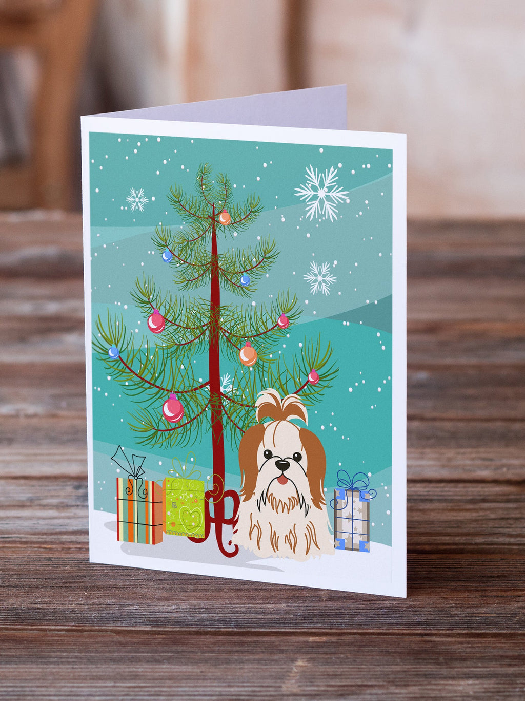 Merry Christmas Tree Shih Tzu Red White Greeting Cards Pack of 8 Blank Cards with Envelopes Whimsical A7 Size 5x7