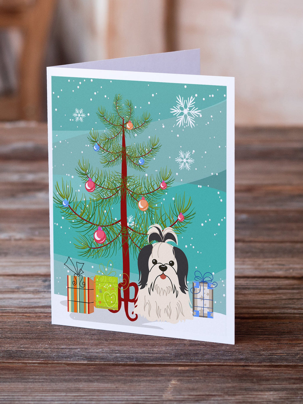 Merry Christmas Tree Shih Tzu Black White Greeting Cards Pack of 8 Blank Cards with Envelopes Whimsical A7 Size 5x7