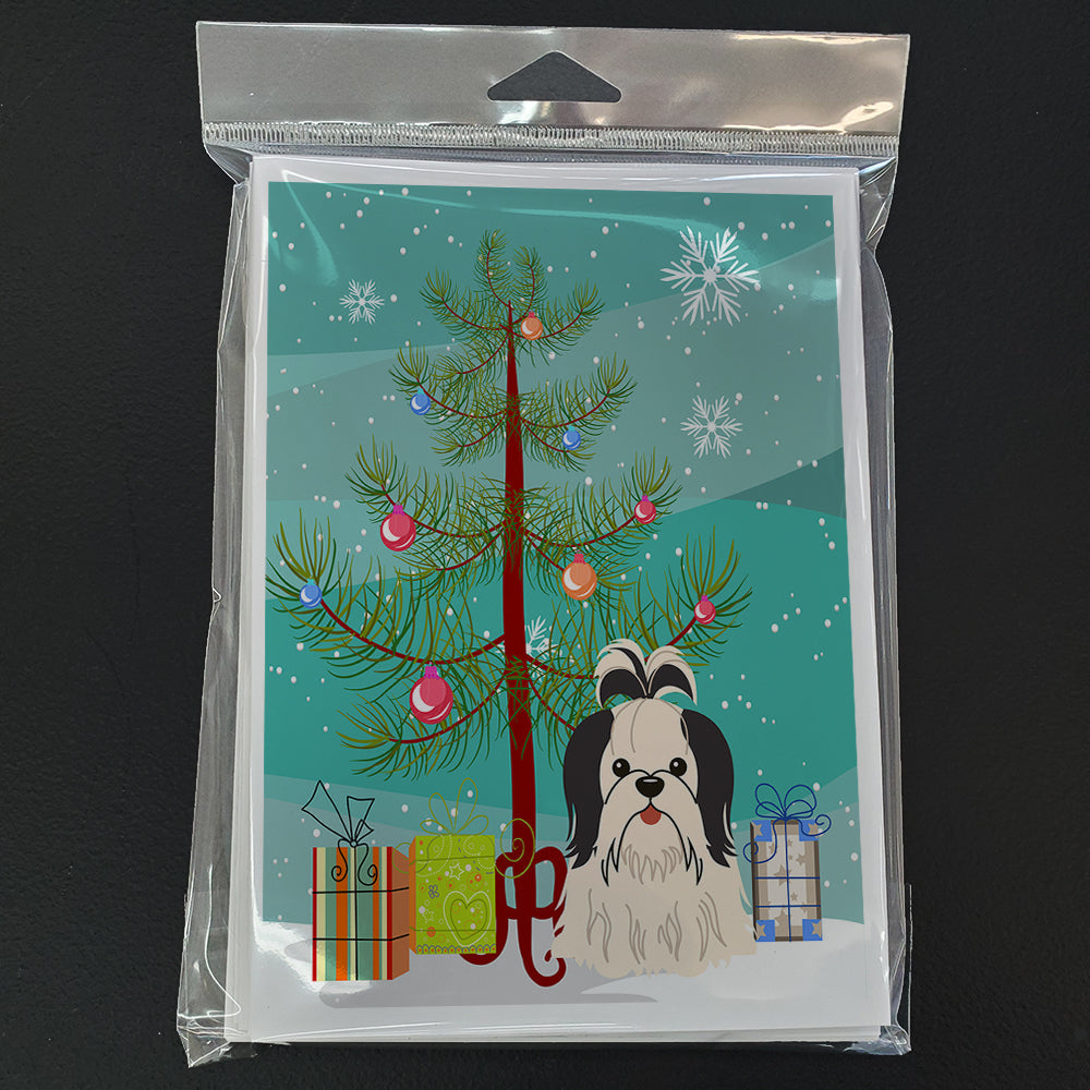 Merry Christmas Tree Shih Tzu Black White Greeting Cards Pack of 8 Blank Cards with Envelopes Whimsical A7 Size 5x7