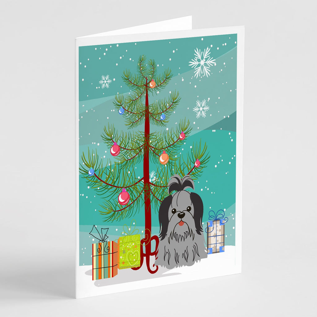Merry Christmas Tree Shih Tzu Black Silver Greeting Cards Pack of 8 Blank Cards with Envelopes Whimsical A7 Size 5x7