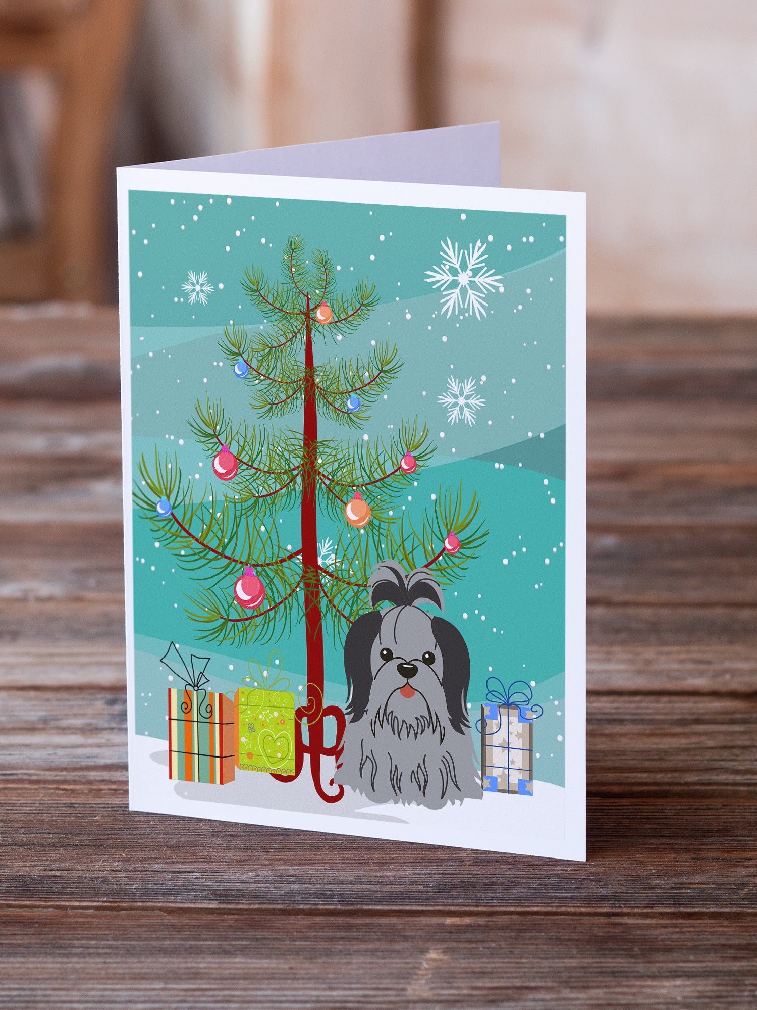 Merry Christmas Tree Shih Tzu Black Silver Greeting Cards Pack of 8 Blank Cards with Envelopes Whimsical A7 Size 5x7