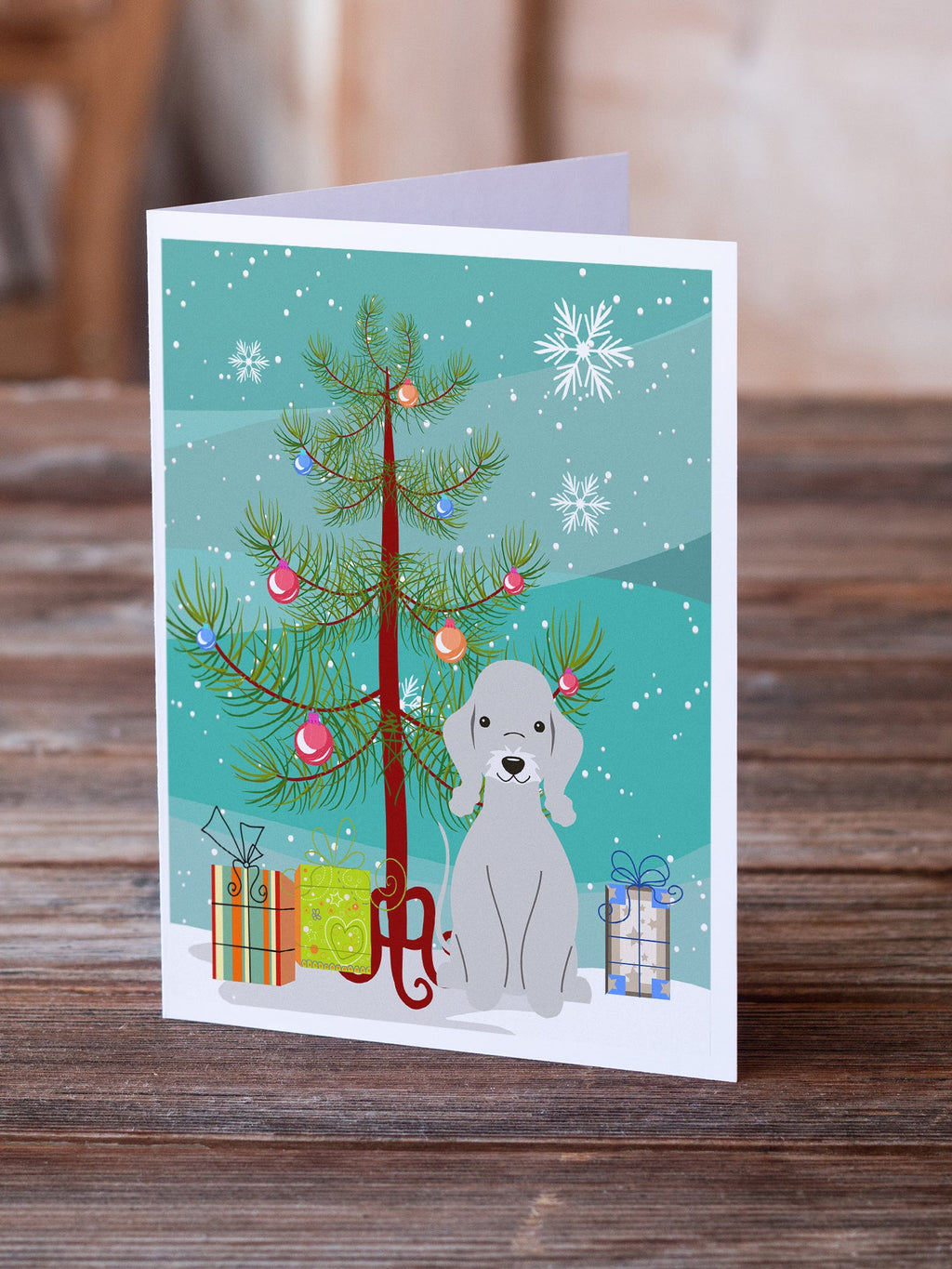 Merry Christmas Tree Bedlington Terrier Blue Greeting Cards Pack of 8 Blank Cards with Envelopes Whimsical A7 Size 5x7
