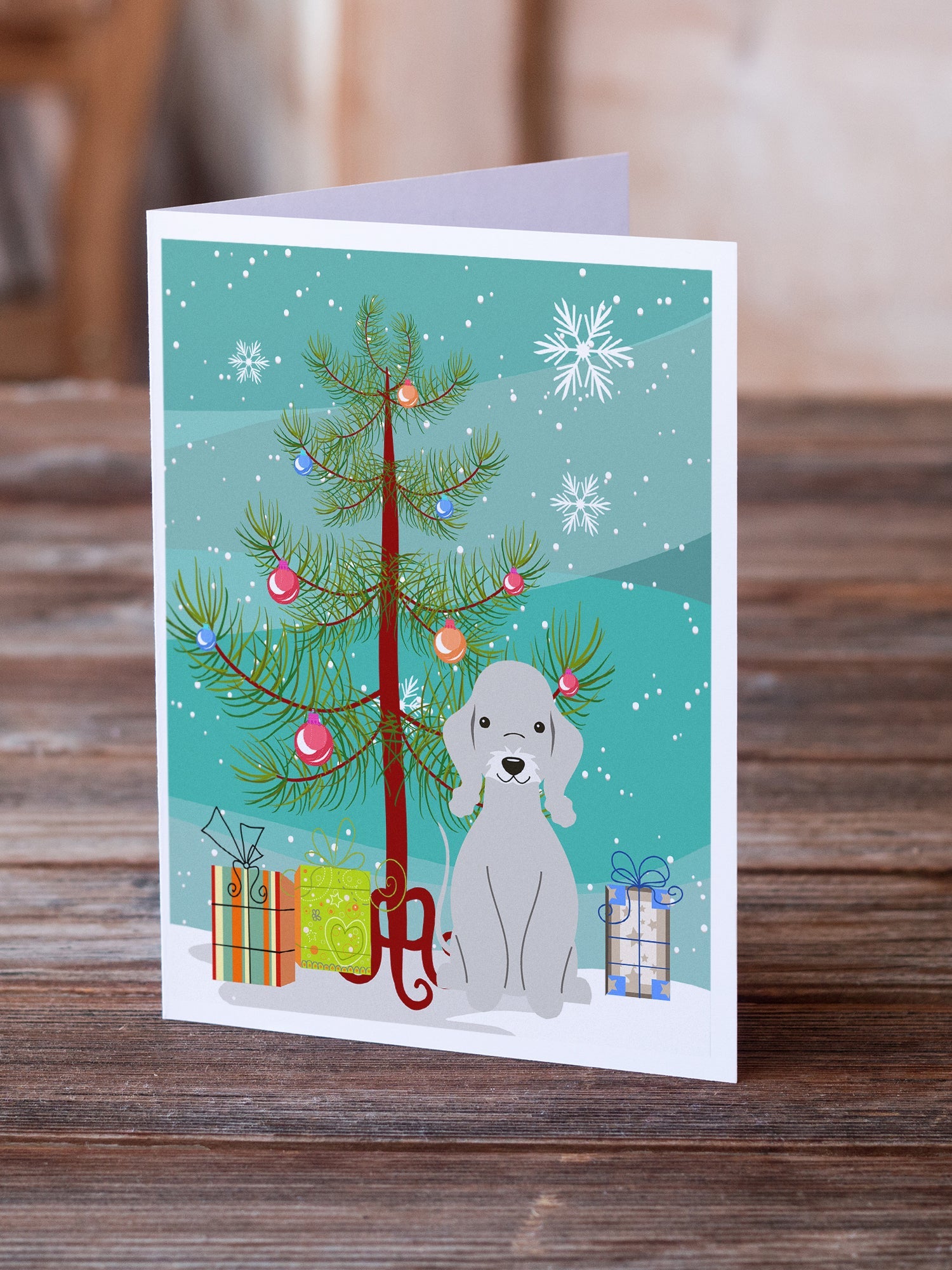 Merry Christmas Tree Bedlington Terrier Blue Greeting Cards Pack of 8 Blank Cards with Envelopes Whimsical A7 Size 5x7